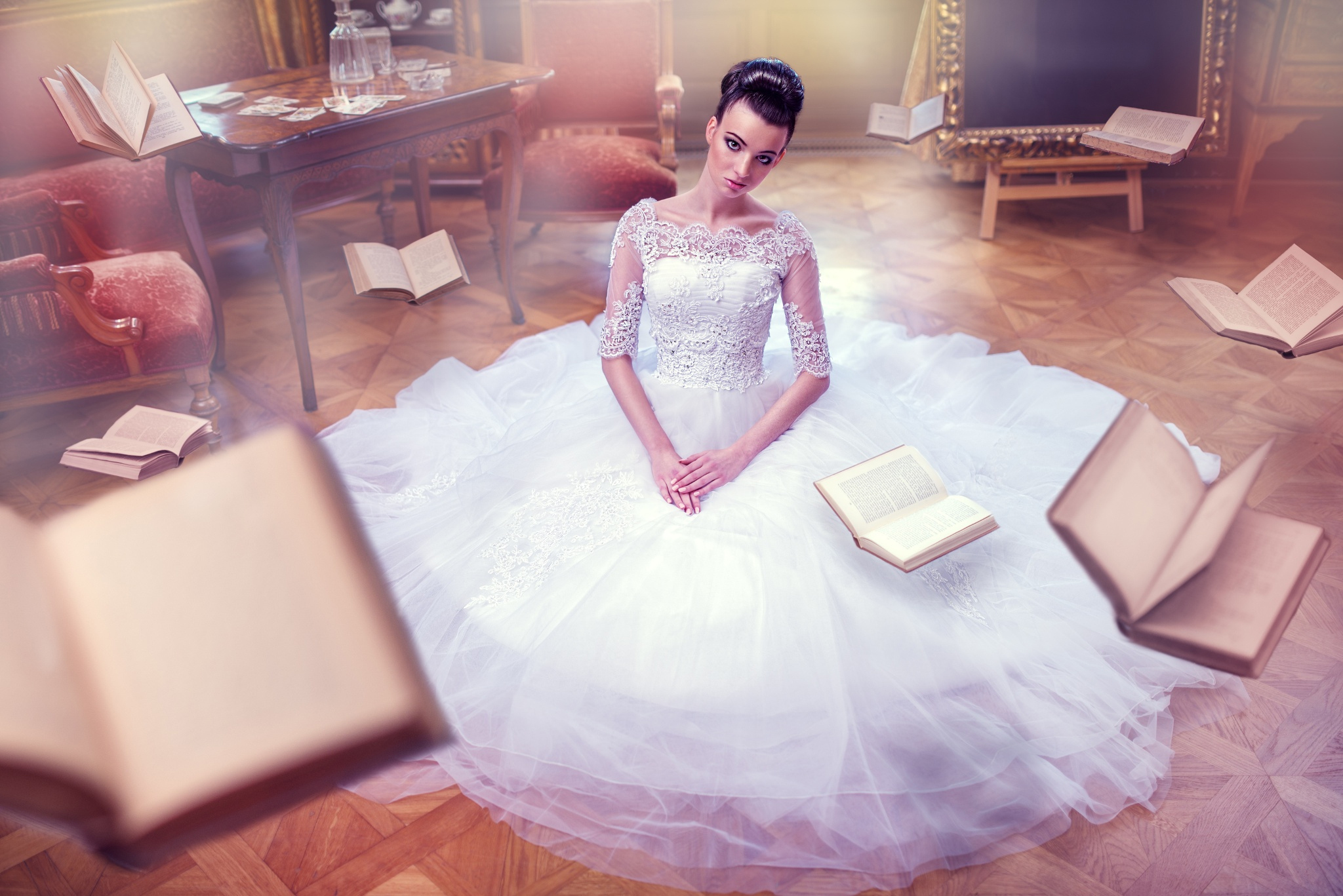 Обои платье, невеста, vita vecera, flying books, dress, the bride разрешение 2048x1367 Загрузить