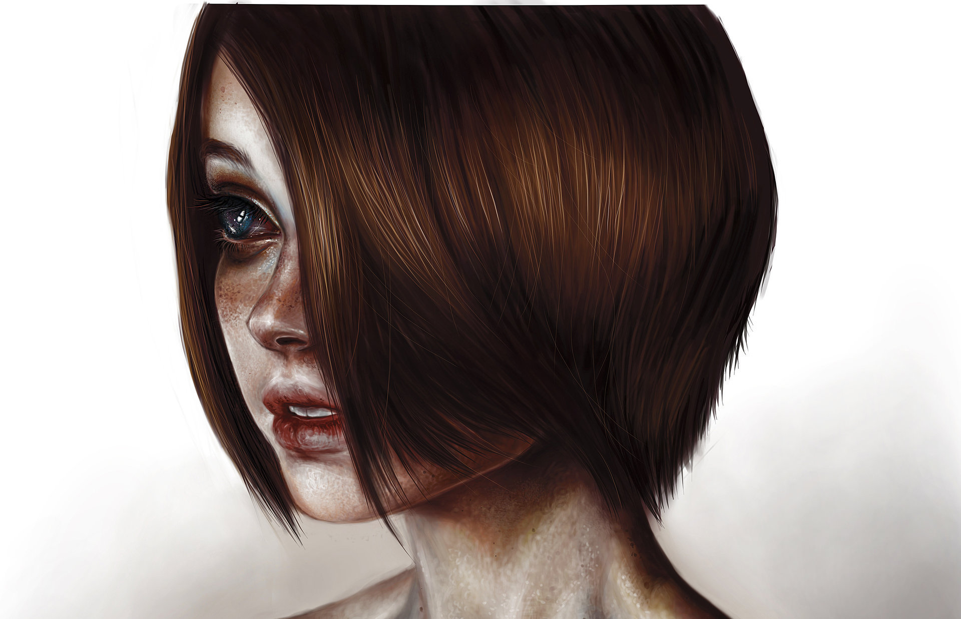 Обои глаза, арт, девушка, портрет, взгляд, стрижка, шея, elena sai, eyes, art, girl, portrait, look, haircut, neck разрешение 1920x1236 Загрузить