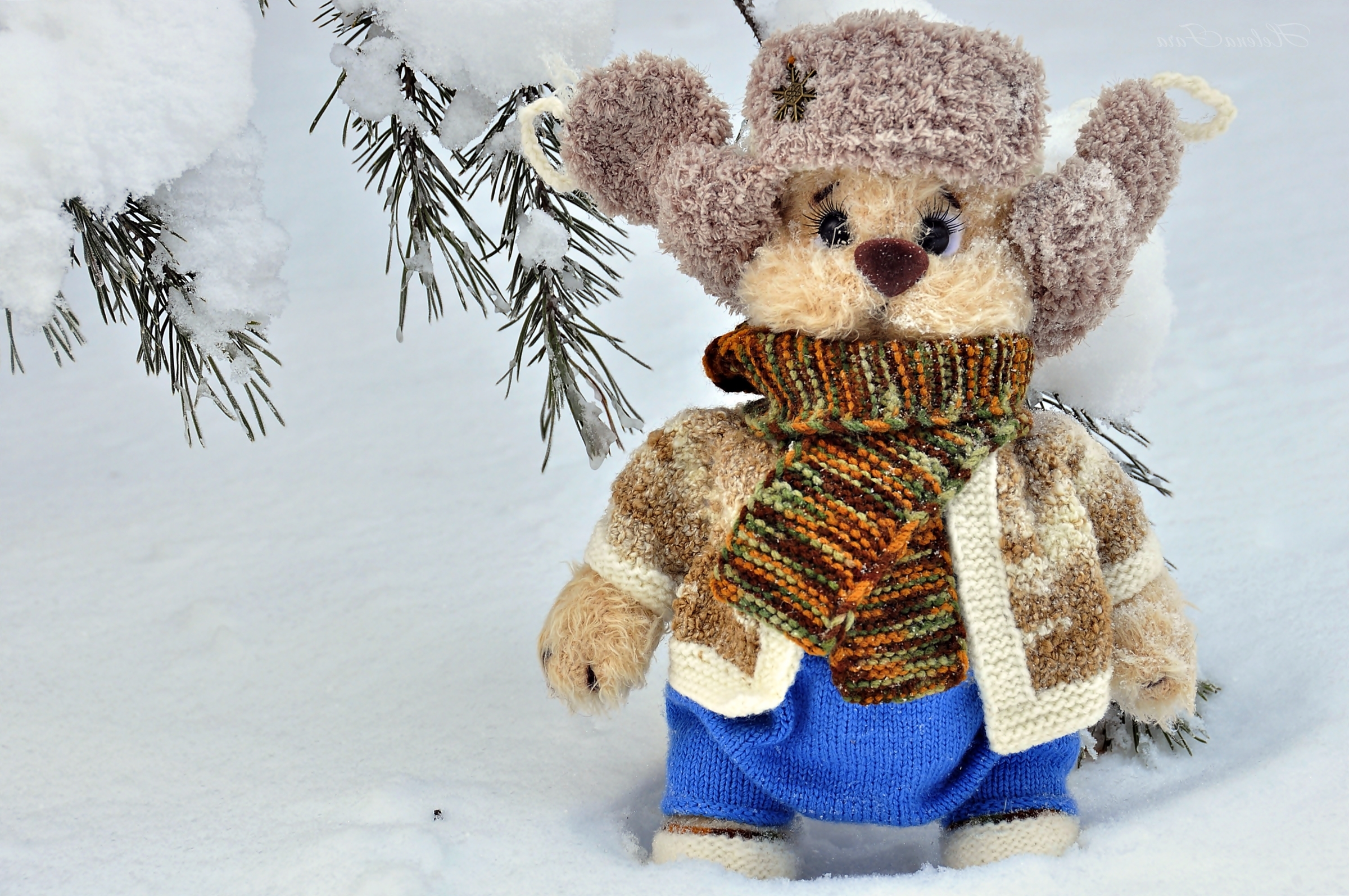 Обои снег, зима, игрушка, шапка, шарф, мягкая игрушка, snow, winter, toy, hat, scarf, soft toy разрешение 2400x1594 Загрузить