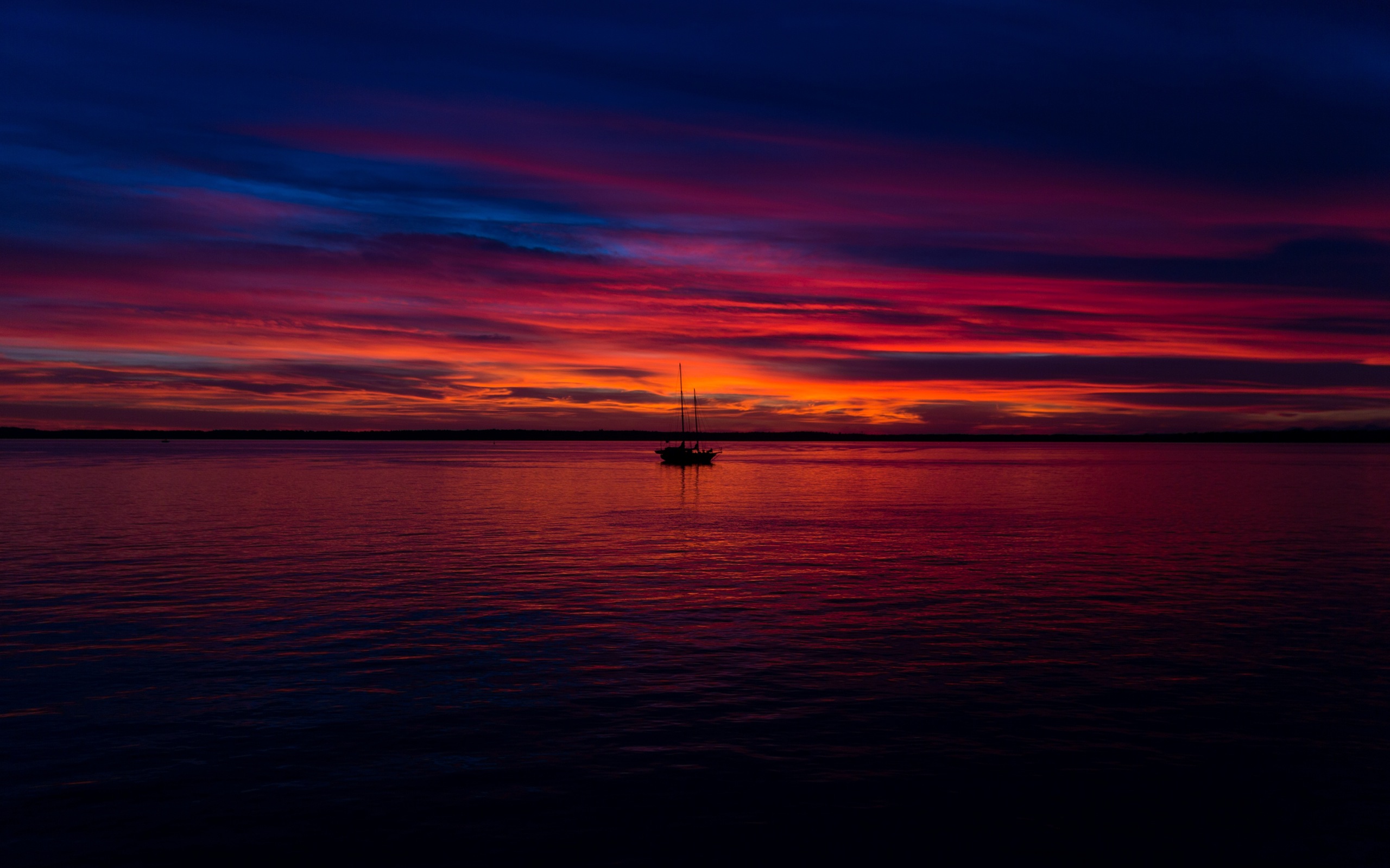 Обои небо, закат, пейзаж, море, горизонт, лодка, the sky, sunset, landscape, sea, horizon, boat разрешение 2560x1600 Загрузить