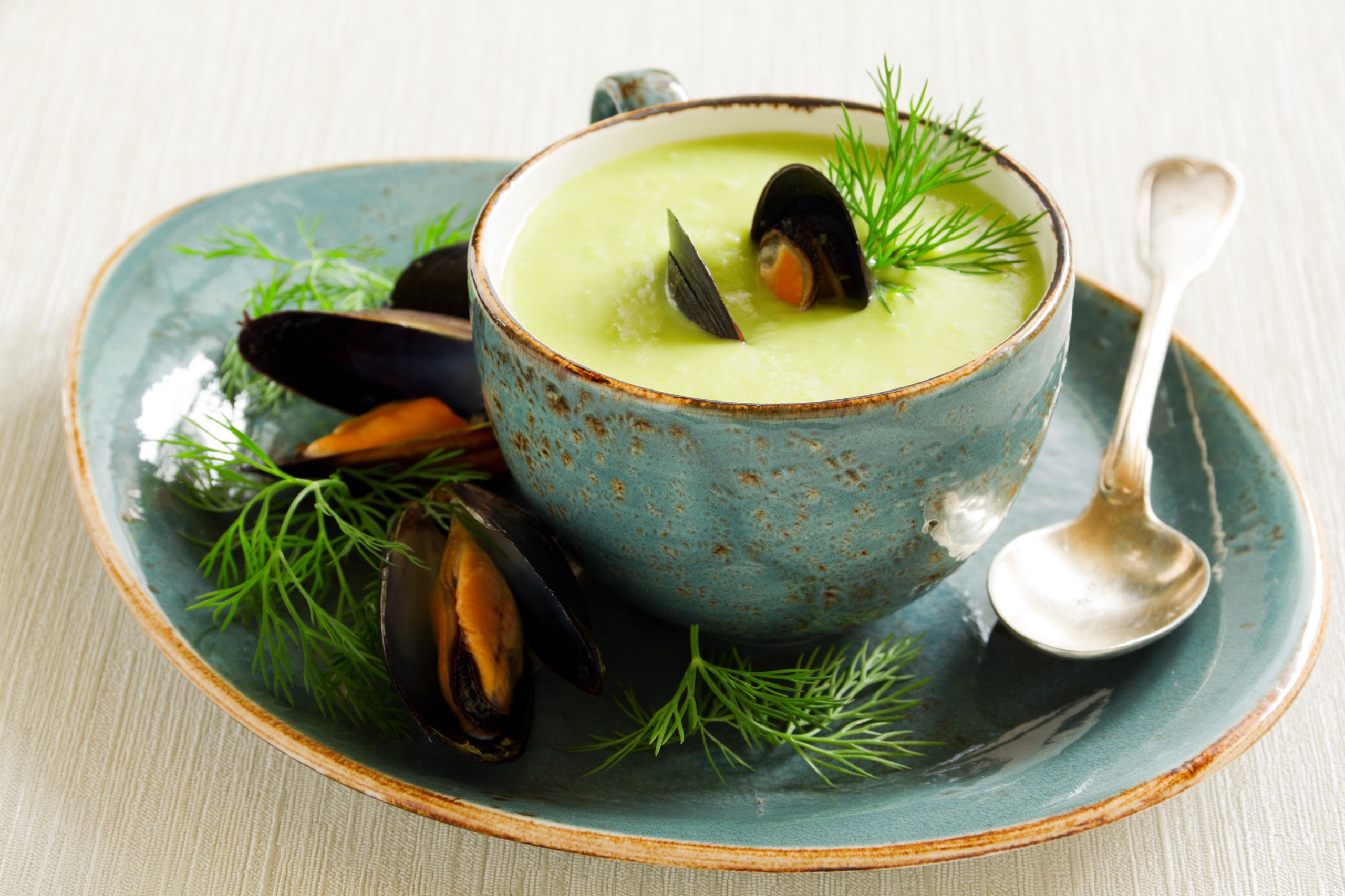 Обои укроп, ложка, морепродукты, мидии, суп, dill, spoon, seafood, mussels, soup разрешение 2560x1707 Загрузить