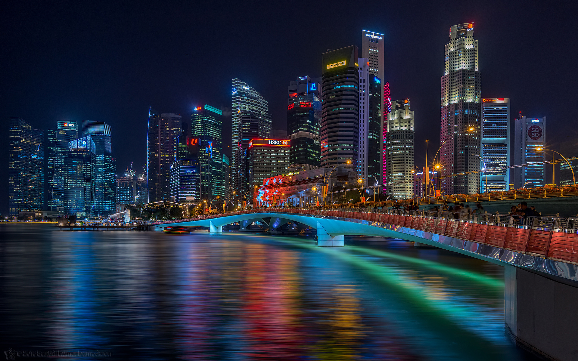 Обои ночь, огни, мост, город, сингапур, senthil kumar damodaran, night, lights, bridge, the city, singapore разрешение 1920x1200 Загрузить