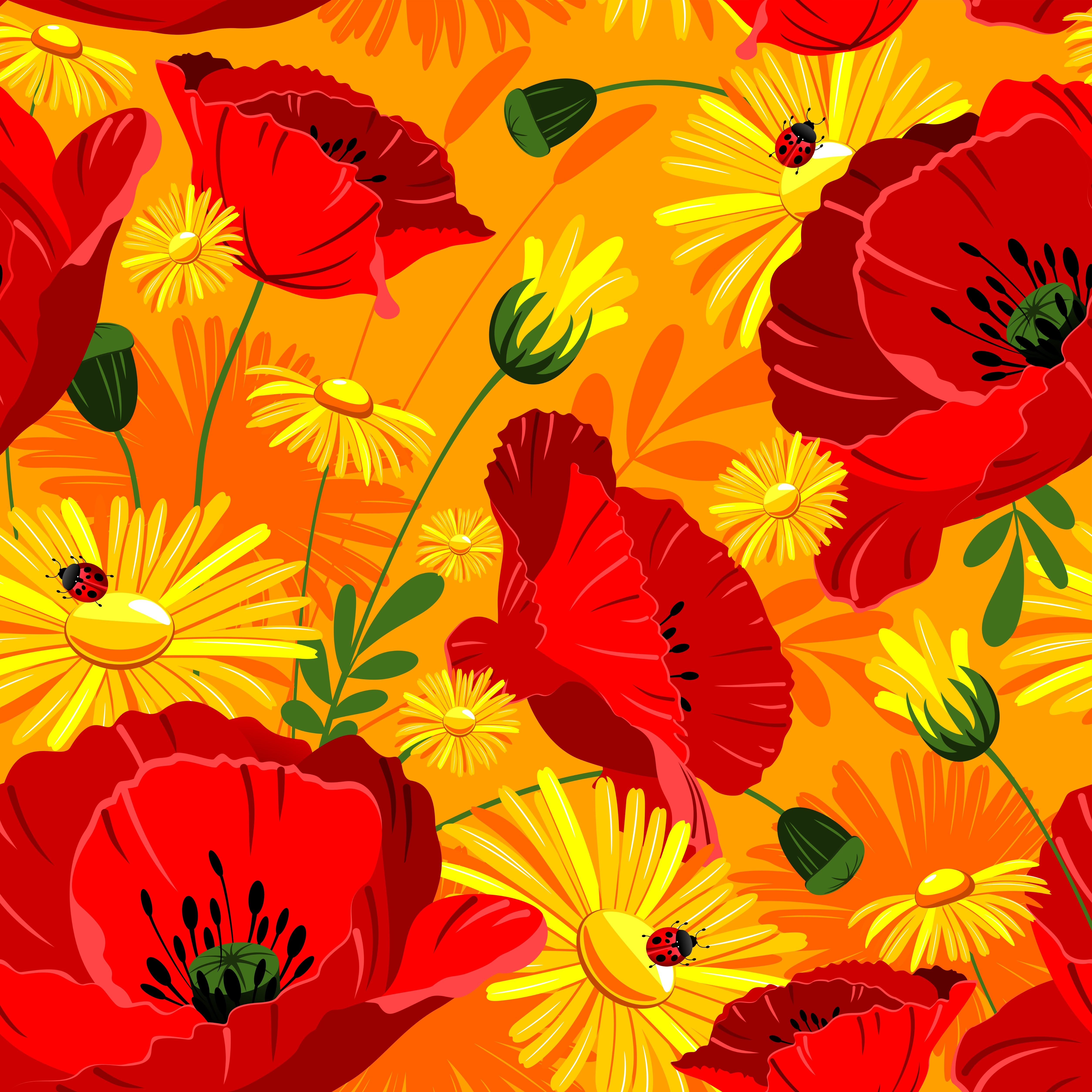 Обои цветы, маки, яркие, красных, жёлтых, и, ноготки, flowers, maki, bright, red, yellow, and, marigolds разрешение 5016x5016 Загрузить