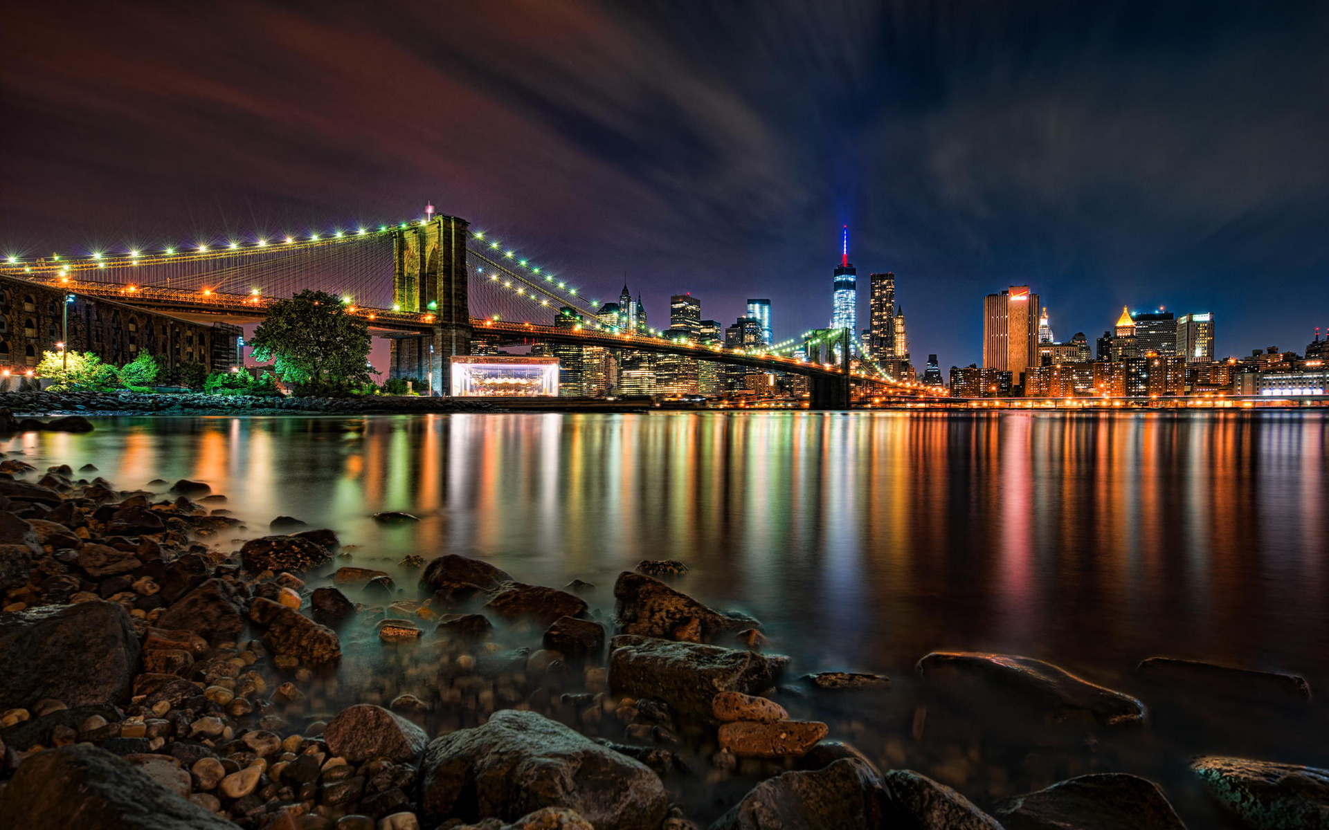 Обои ночь, огни, мост, город, сша, нью-йорк, бруклинский мост, night, lights, bridge, the city, usa, new york, brooklyn bridge разрешение 1920x1200 Загрузить