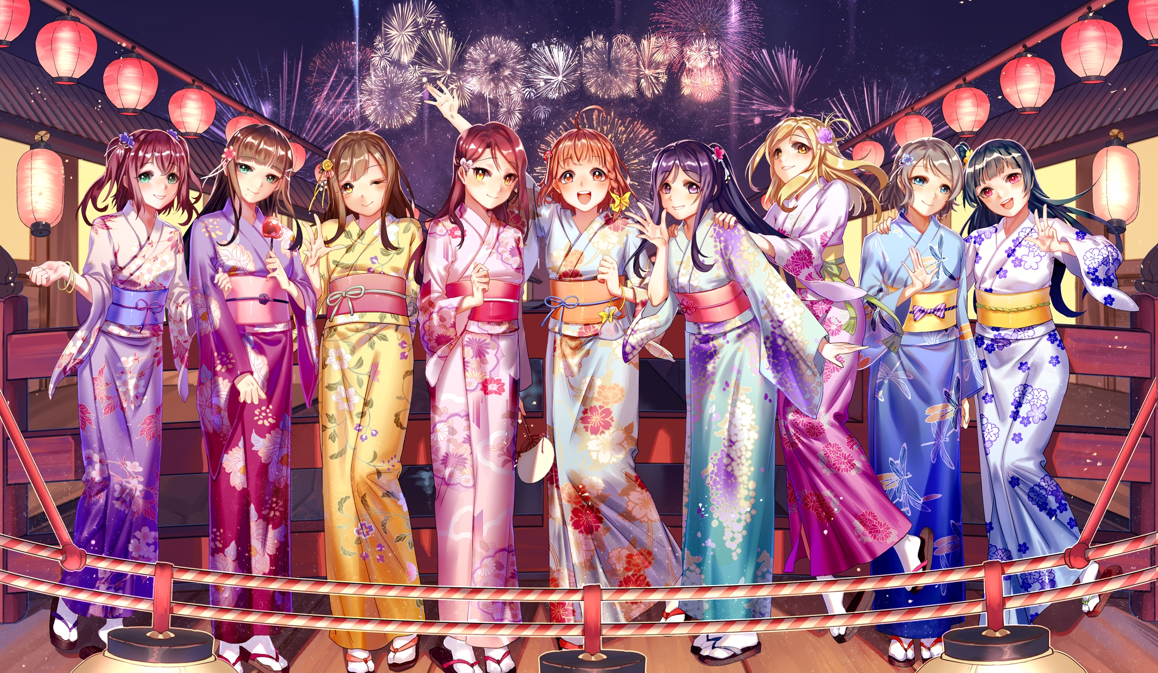 Обои девочки, кимоно, фонарики, феерверк, фестиваль, love live sunshine, girls, kimono, lanterns, fireworks, festival разрешение 2362x1372 Загрузить