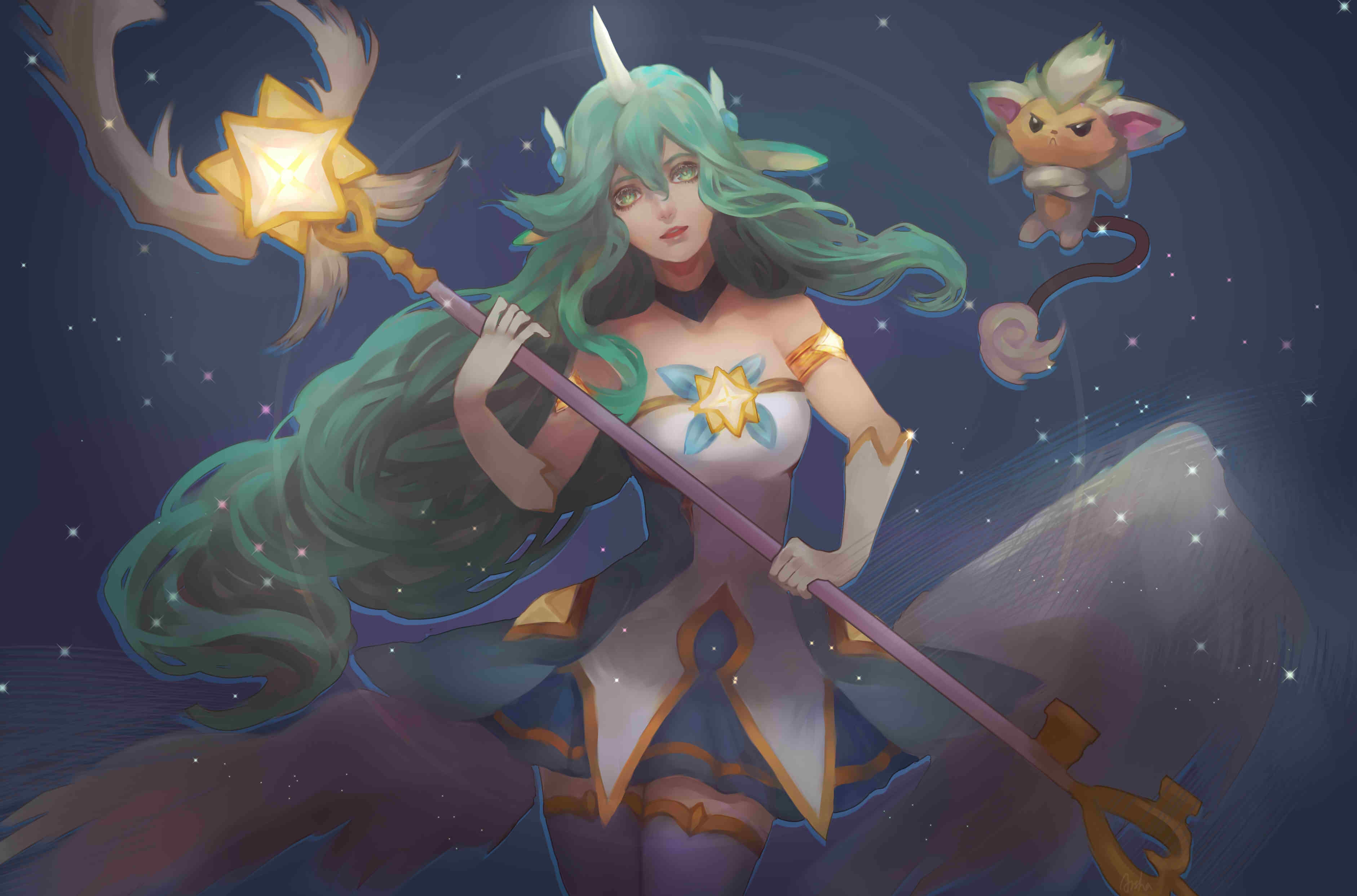 Обои посох, зеленые волосы, artwork, лига легенд, soraka, staff, green hair, league of legends, soraka is разрешение 3764x2485 Загрузить