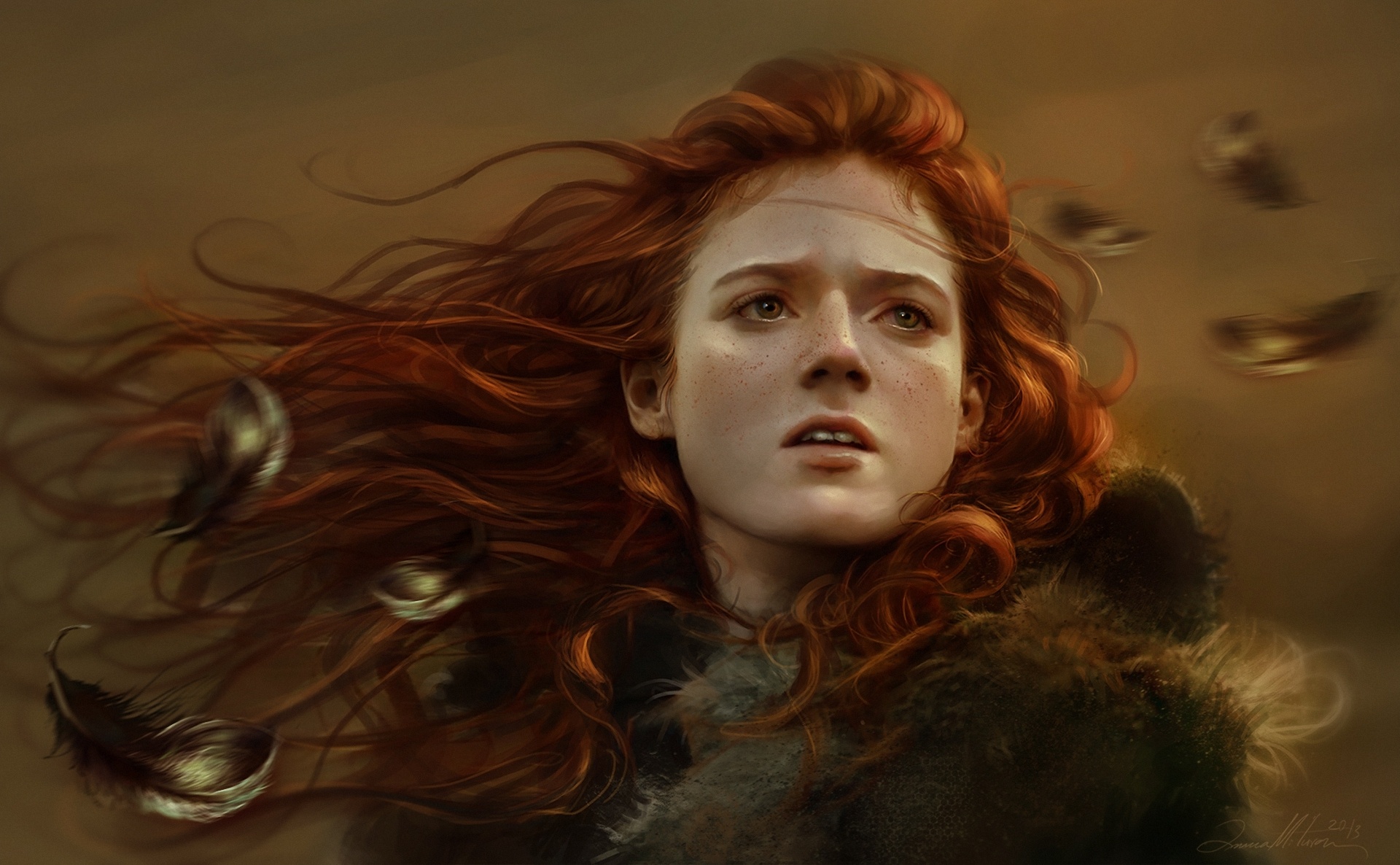 Обои арт, девушка, рыжая, лицо, перья, веснушки, игра престолов, ygritte, art, girl, red, face, feathers, freckles, game of thrones разрешение 1920x1186 Загрузить