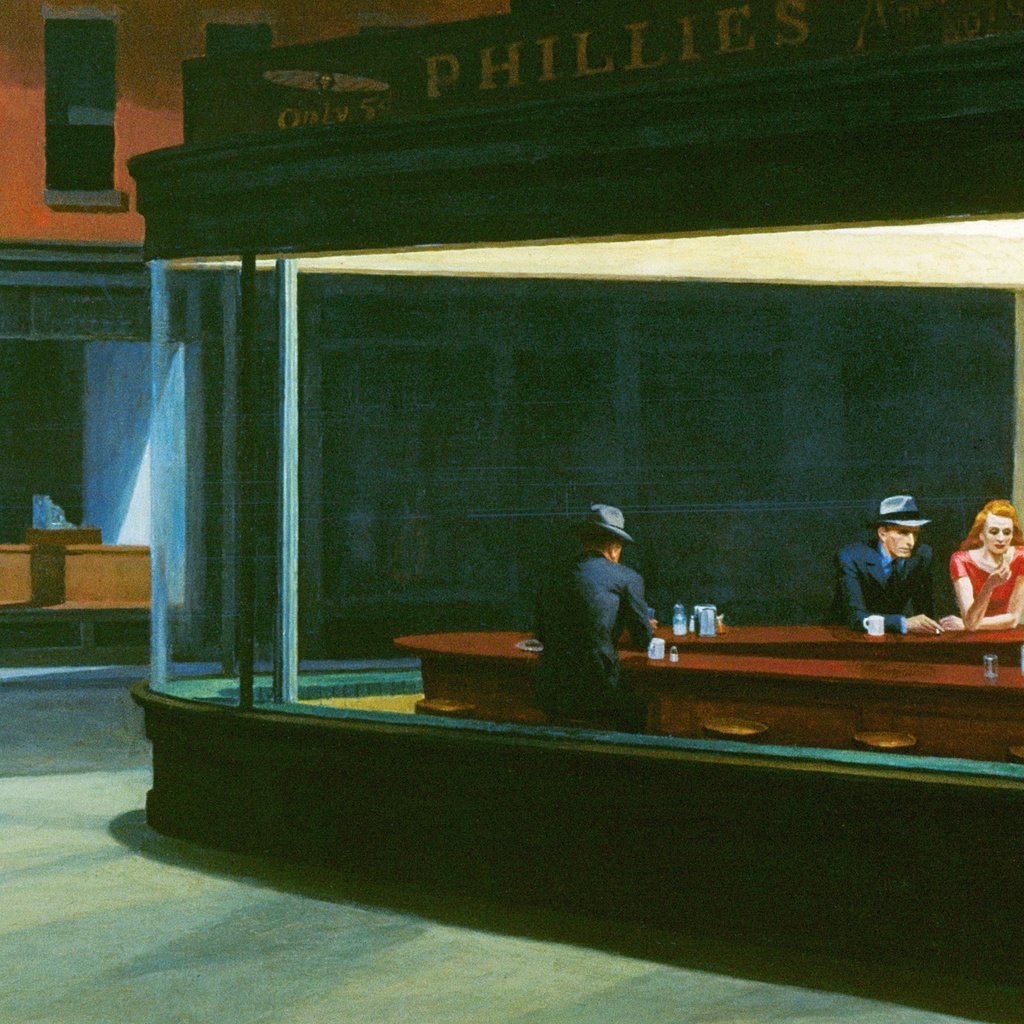 Обои рисунок, кафе, полуночники, эдвард хоппер, nighthawks, figure, cafe, night owls, edward hopper разрешение 2560x1600 Загрузить