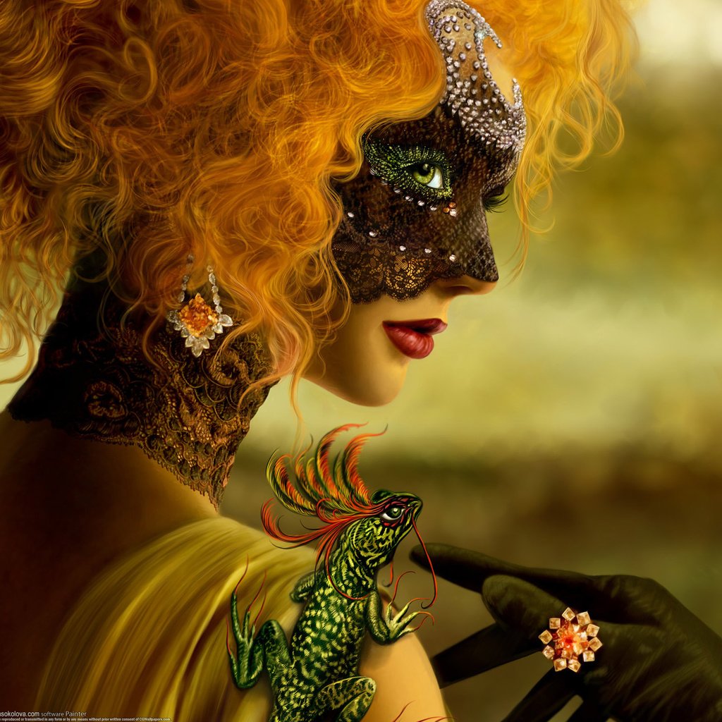 Обои девушка, маска, таинственность, рыжая. ящерица, katarina sokolova-latanska, girl, mask, mystery, red. lizard разрешение 2560x1600 Загрузить