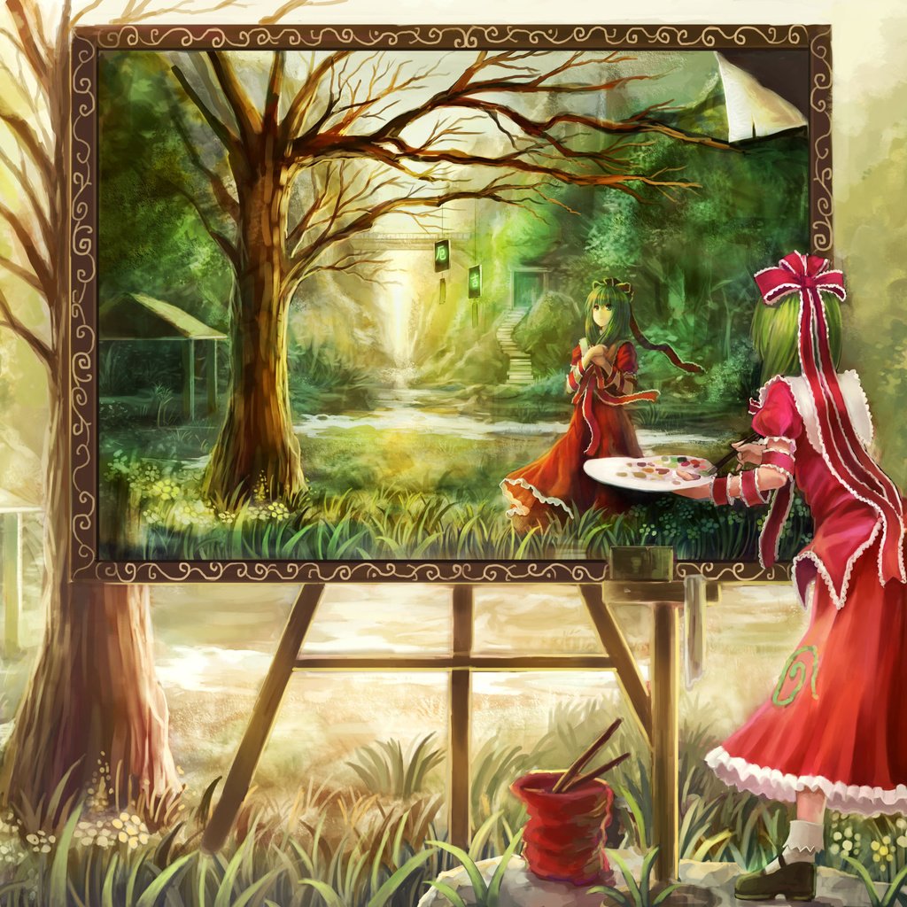 Обои картина, пейзаж, платье, краски, kagiyama hina, oto taku, рисует, picture, landscape, dress, paint, draws разрешение 3508x2480 Загрузить
