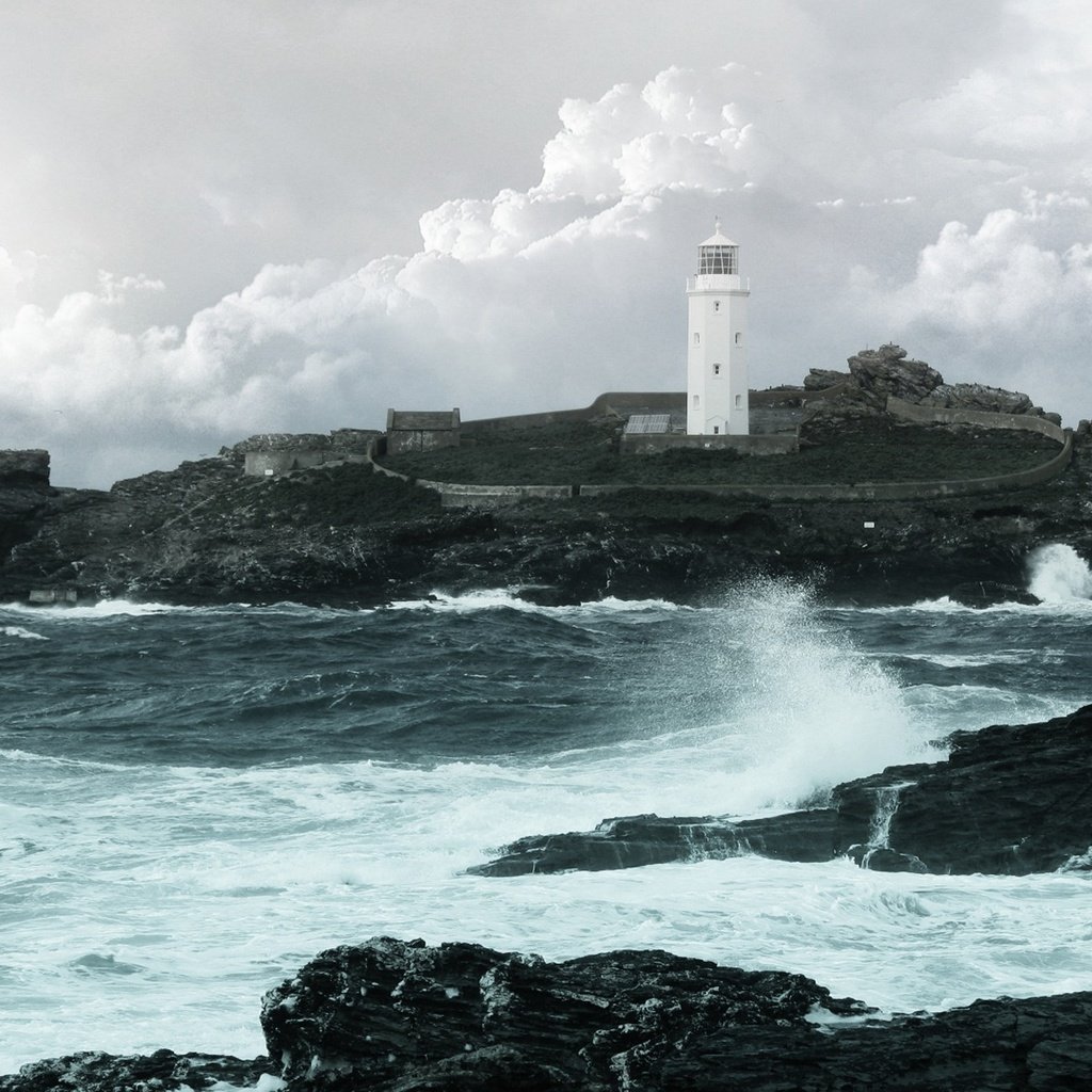 Обои небо, облака, скалы, камни, море, маяк, остров, шторм, the sky, clouds, rocks, stones, sea, lighthouse, island, storm разрешение 1920x1200 Загрузить