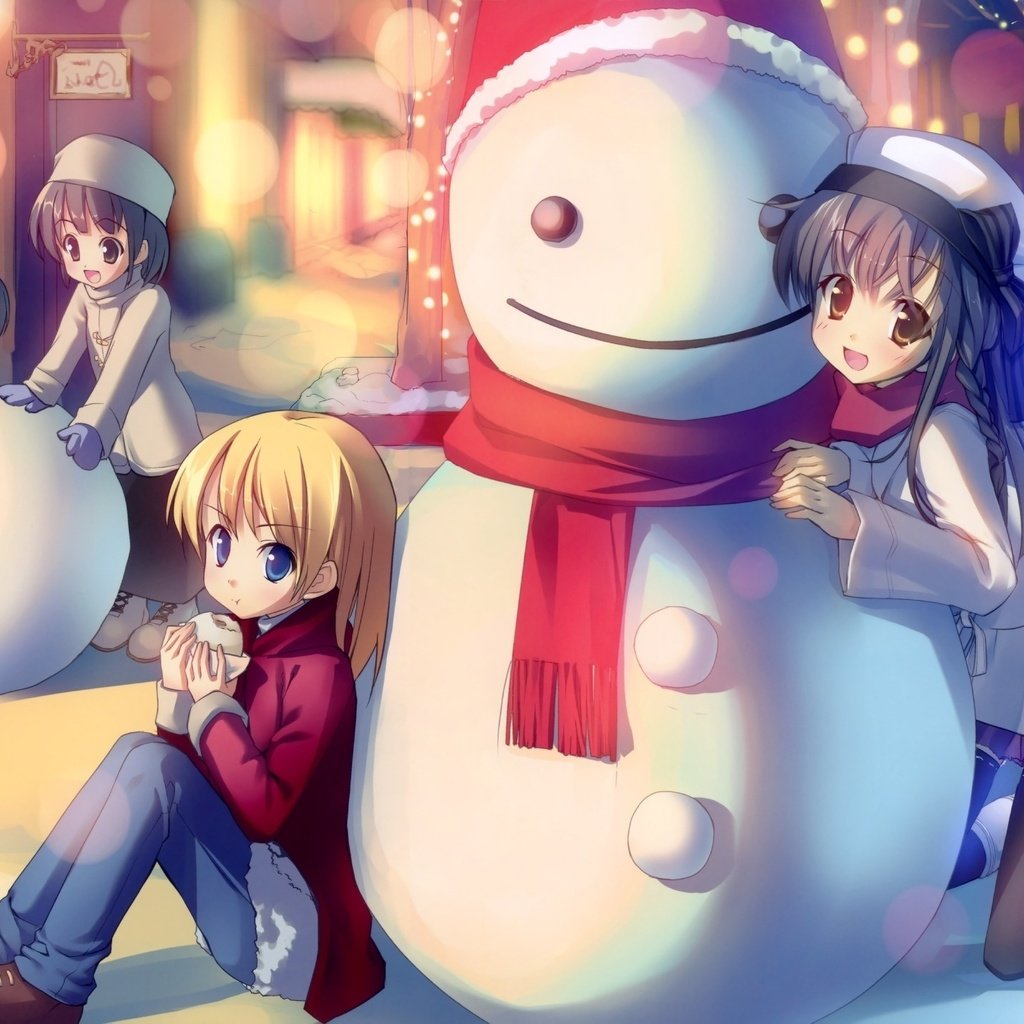 Обои зима, настроение, аниме, снеговик, друзья, winter, mood, anime, snowman, friends разрешение 2000x1417 Загрузить