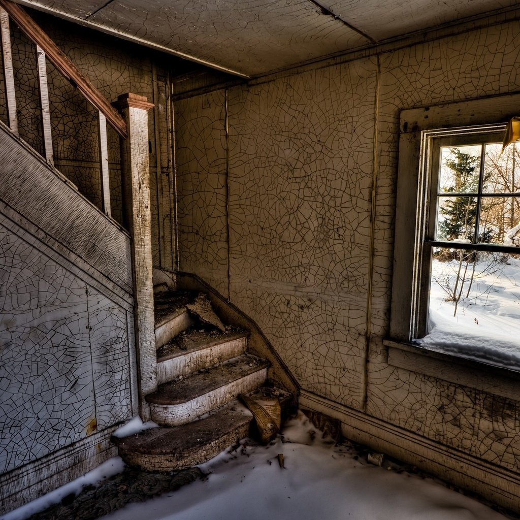 Обои снег, развалины, лестница, комната, окно, snow, the ruins, ladder, room, window разрешение 2560x1600 Загрузить