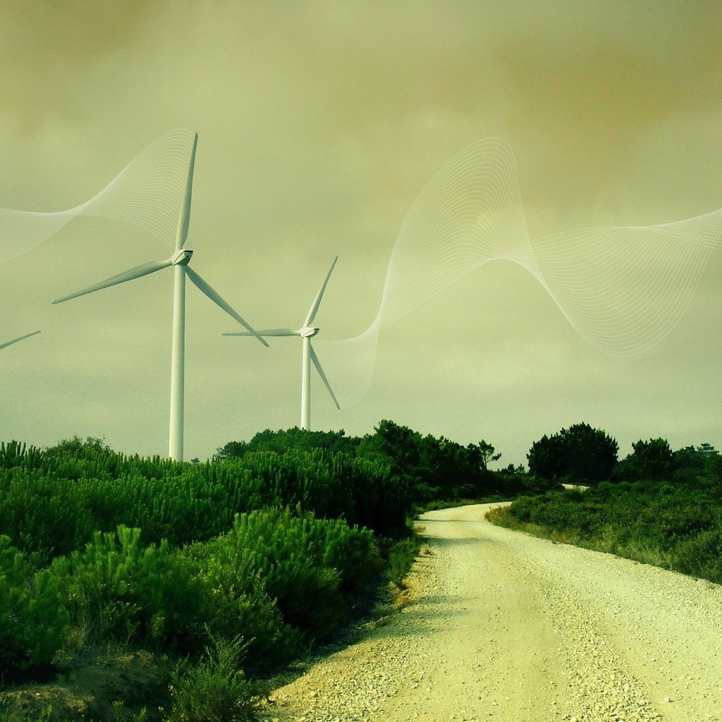 Обои дорога, трава, линии, ветряки, ветротурбины, road, grass, line, windmills, wind turbine разрешение 1920x1200 Загрузить