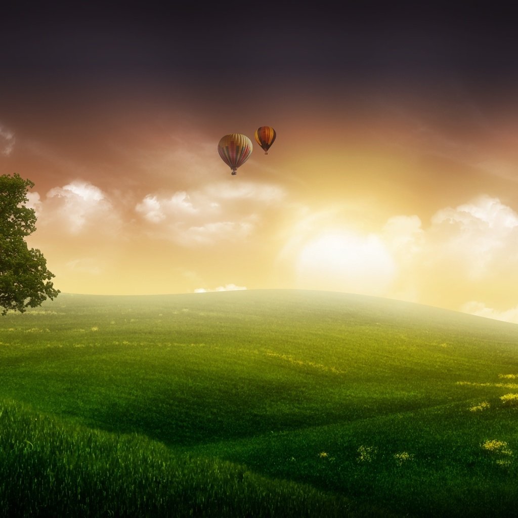 Обои небо, трава, дерево, шары, туман, фантастика, the sky, grass, tree, balls, fog, fiction разрешение 1920x1200 Загрузить
