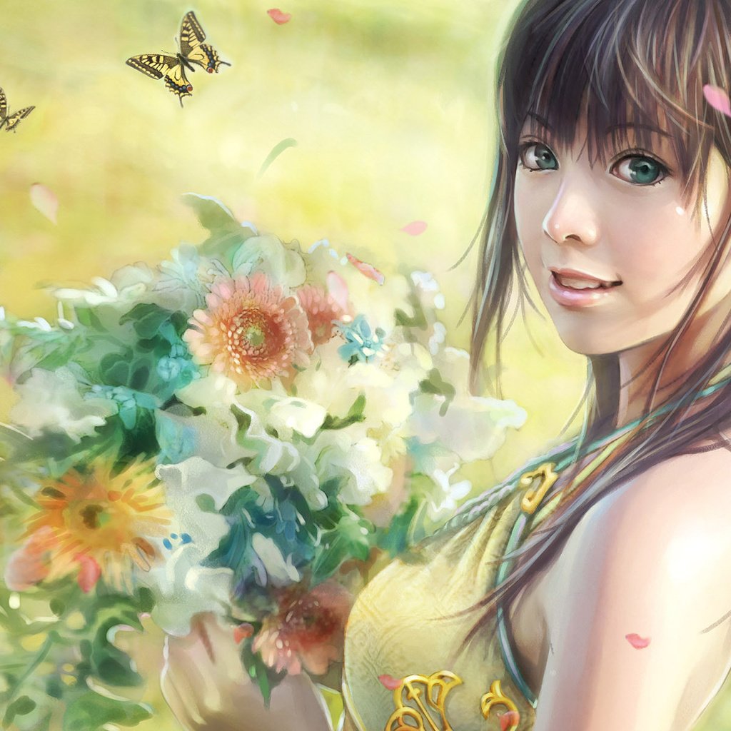 Обои цветы, рисунок, букет, бабочки, i-chen lin, flowers, figure, bouquet, butterfly разрешение 1920x1200 Загрузить