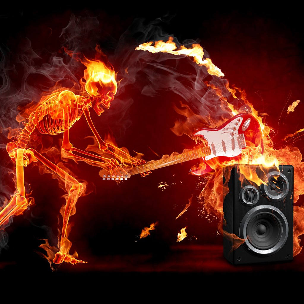 Обои гитара, огонь, рок, скелет, электричество, guitar, fire, rock, skeleton, electricity разрешение 6332x4749 Загрузить