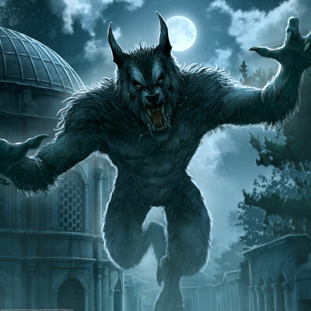 Обои ночь, фентези, город, kerem beyit, оборотень, полнолуние, - kos ule, night, fantasy, the city, werewolf, the full moon, kos ule разрешение 2560x1600 Загрузить