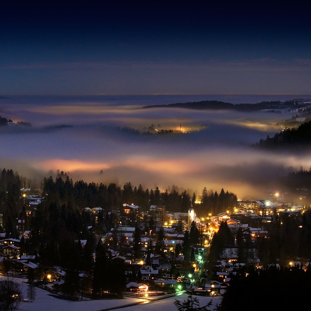 Обои вечер, зима, туман, город, альпы, the evening, winter, fog, the city, alps разрешение 1920x1200 Загрузить