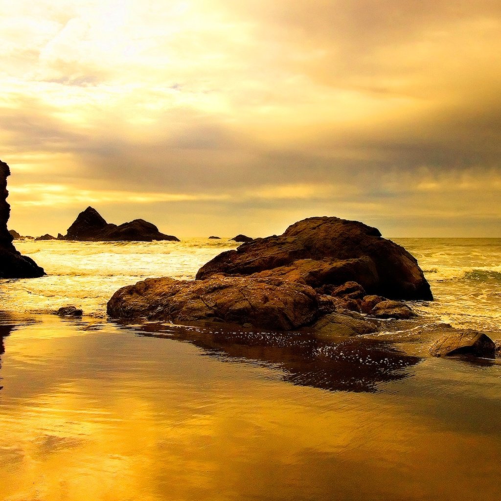 Обои скалы, камни, берег, закат, пляж, океан, rocks, stones, shore, sunset, beach, the ocean разрешение 1920x1080 Загрузить