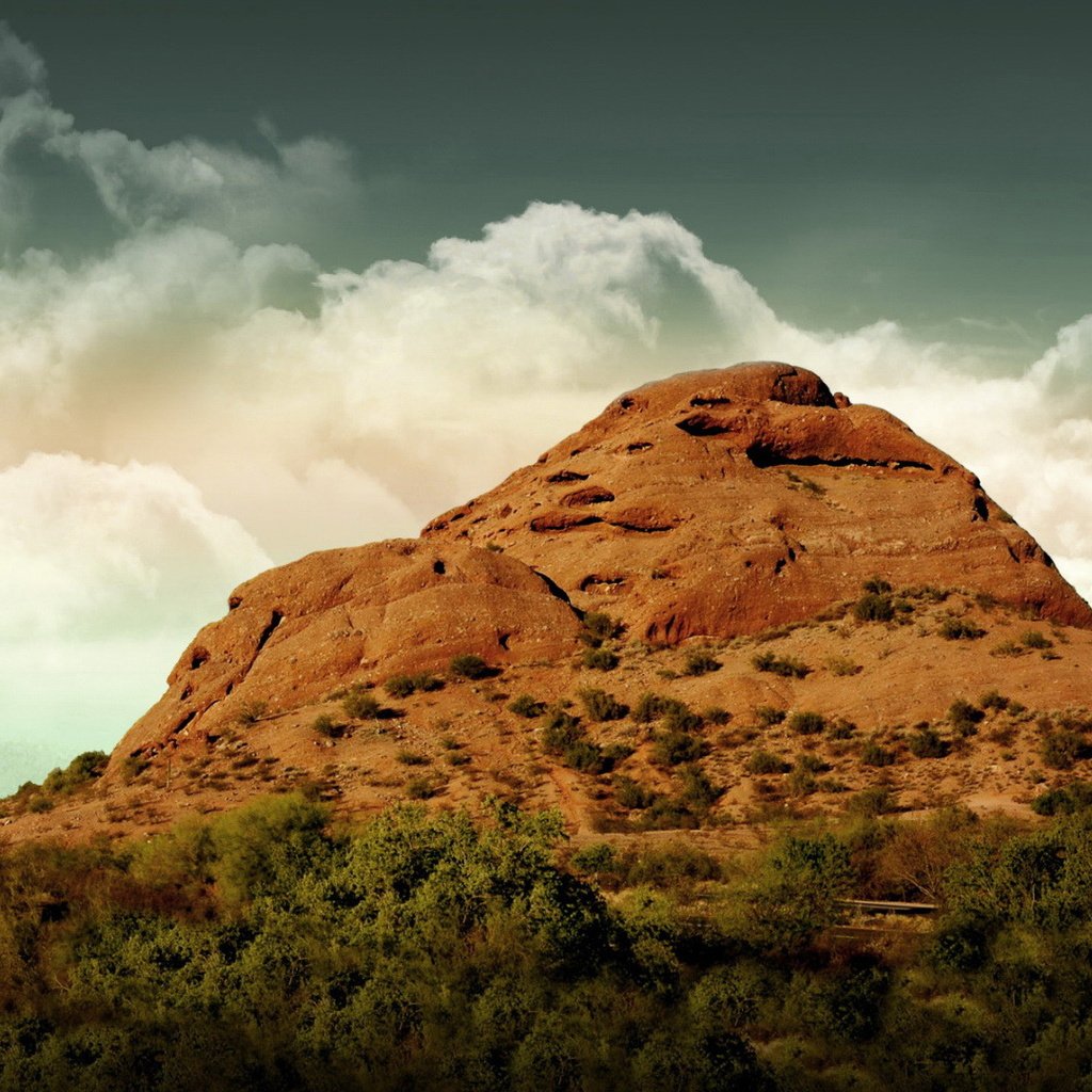 Обои небо, облака, пустыня, гора, вершина, растительность, the sky, clouds, desert, mountain, top, vegetation разрешение 1920x1080 Загрузить