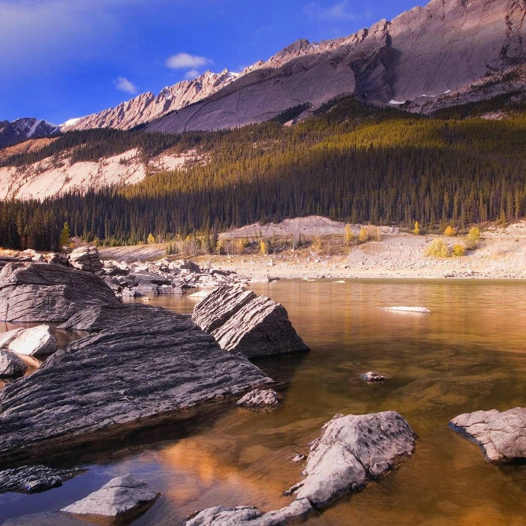 Обои озеро, горы, камни, берег, канада, альберта, lake, mountains, stones, shore, canada, albert разрешение 1920x1080 Загрузить