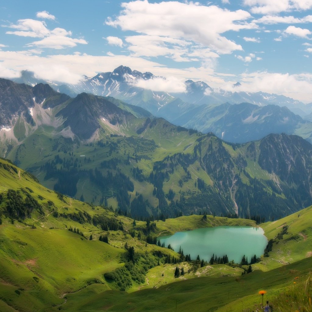 Обои деревья, озеро, горы, зелень, склоны, луга, впадина, trees, lake, mountains, greens, the slopes, meadows разрешение 1920x1200 Загрузить