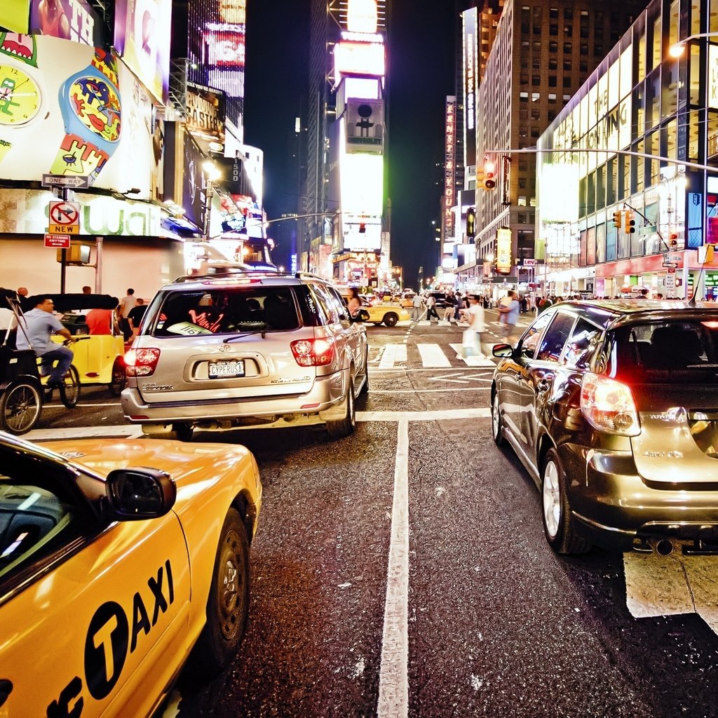 Обои дорога, ночь, улица, нью-йорк, машины, такси, road, night, street, new york, machine, taxi разрешение 2560x1600 Загрузить