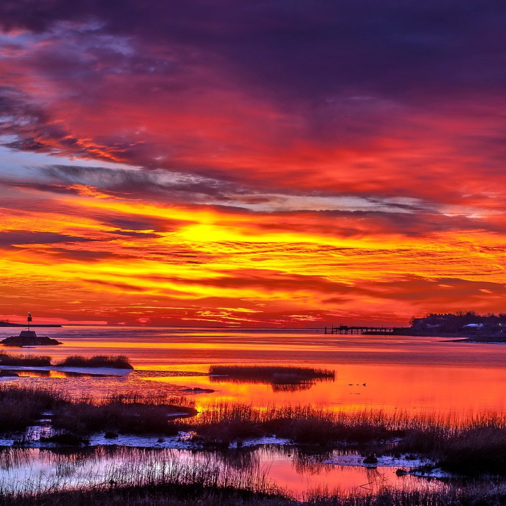 Обои небо, трава, вода, озеро, природа, закат, пейзаж, the sky, grass, water, lake, nature, sunset, landscape разрешение 2560x1600 Загрузить