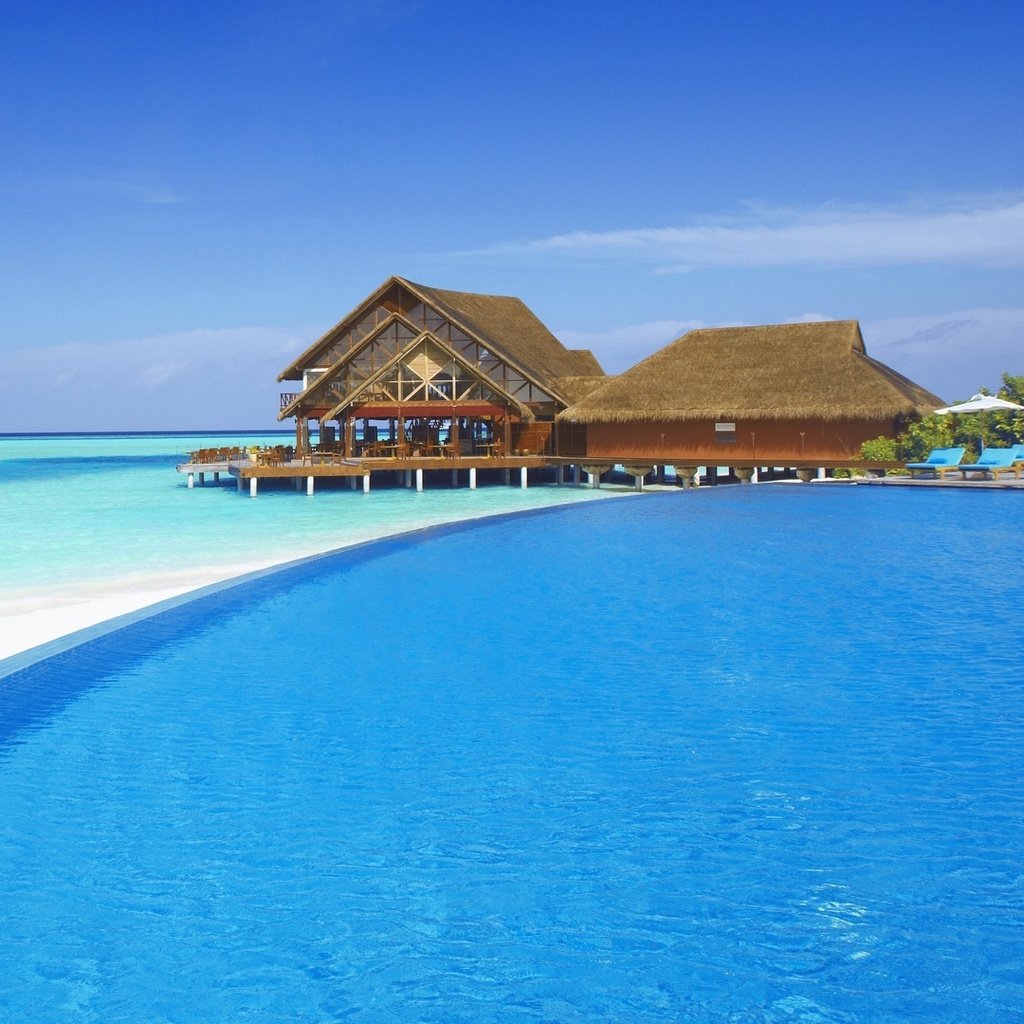 Обои пляж, бунгало, тропики, мальдивы, beach, bungalow, tropics, the maldives разрешение 1920x1080 Загрузить