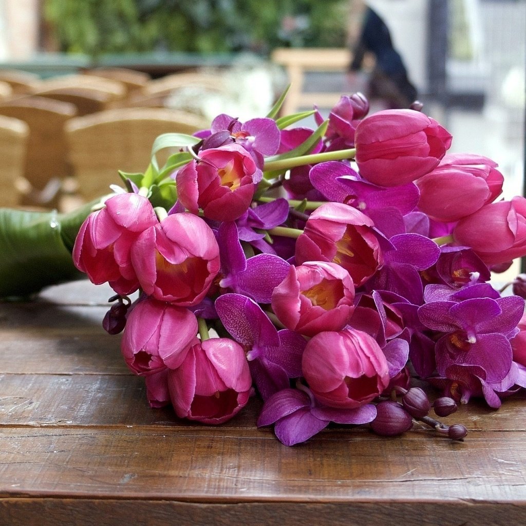 Обои цветы, леспестки, букет, тюльпаны, столик, орхидеи, cvety, listya, tyulpany, butony, orxidei, rozo, flowers, lepestki, bouquet, tulips, table, orchids разрешение 2000x1280 Загрузить