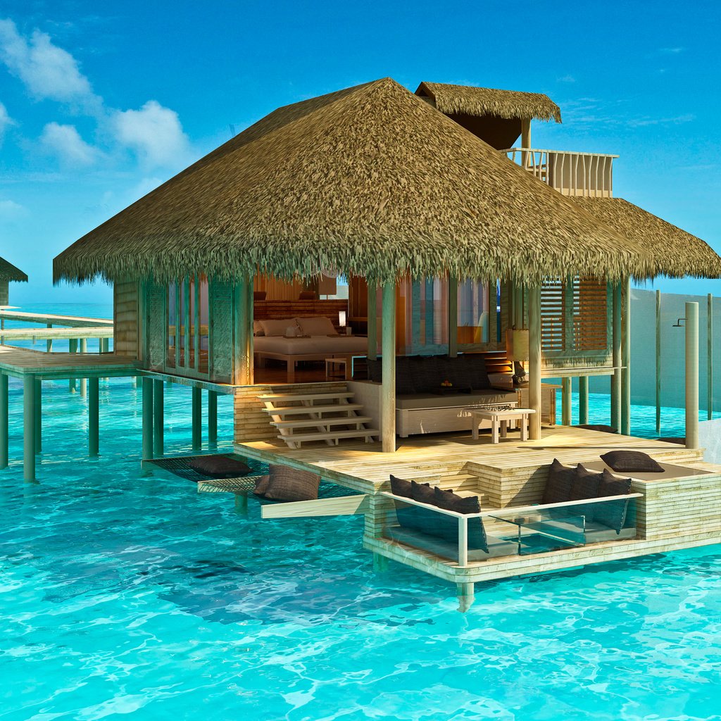 Обои бунгало, тропики, мальдивы, bungalow, tropics, the maldives разрешение 3508x2480 Загрузить