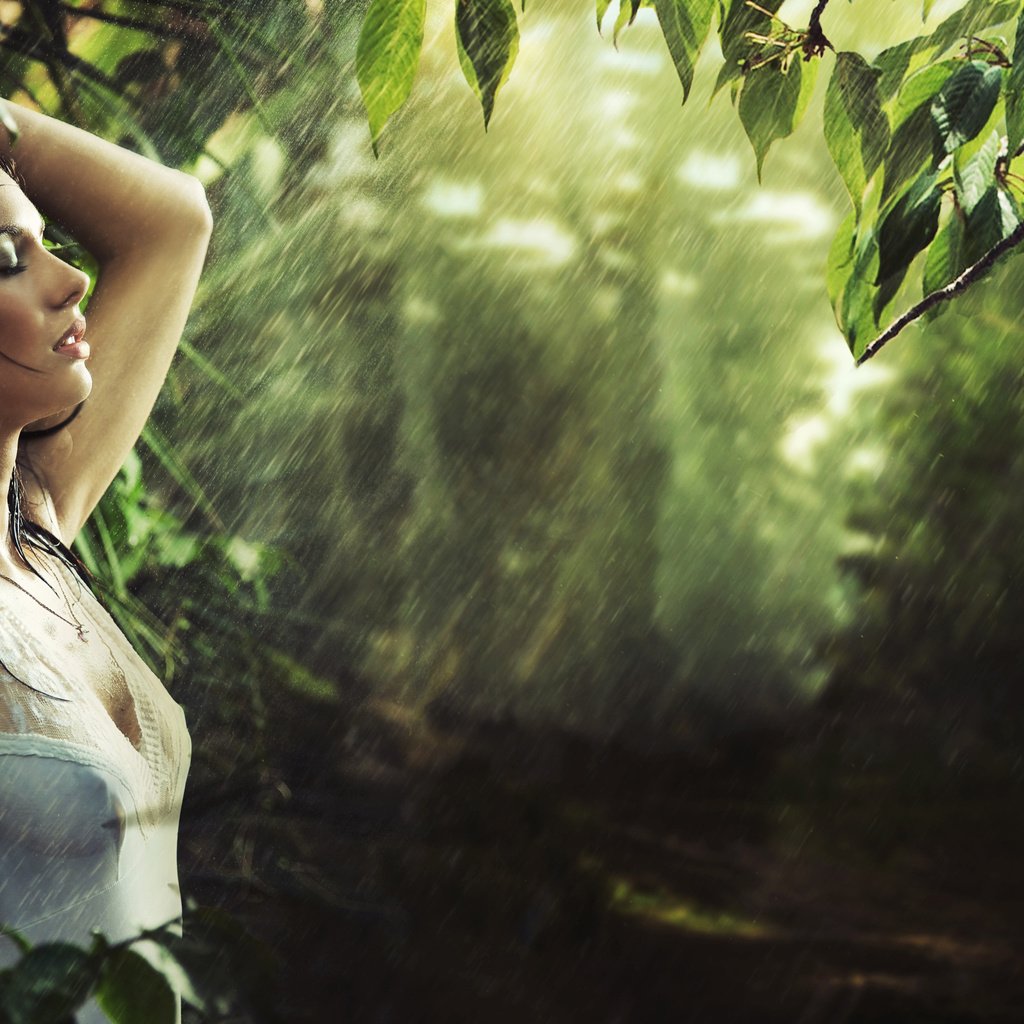 Обои природа, лес, девушка, брюнетка, дождь, nature, forest, girl, brunette, rain разрешение 2880x1800 Загрузить