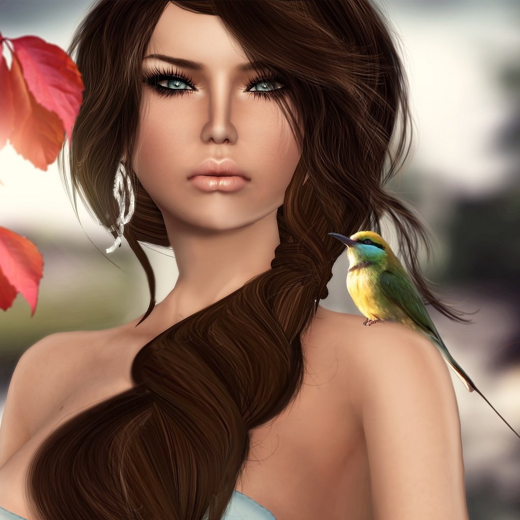 Обои арт, листья, девушка, птица, волосы, коса, art, leaves, girl, bird, hair, braid разрешение 2048x1449 Загрузить