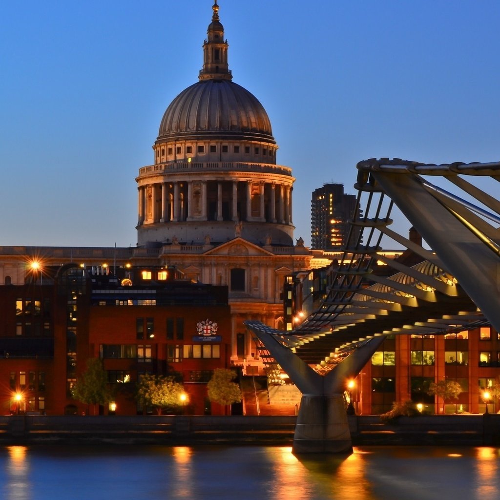 Обои великобритания, лондон, темза, англия, сумерки, st pauls cathedral, собор святого павла, мост тысячелетия, uk, london, thames, england, twilight, st. paul's cathedral, millennium bridge разрешение 1920x1080 Загрузить