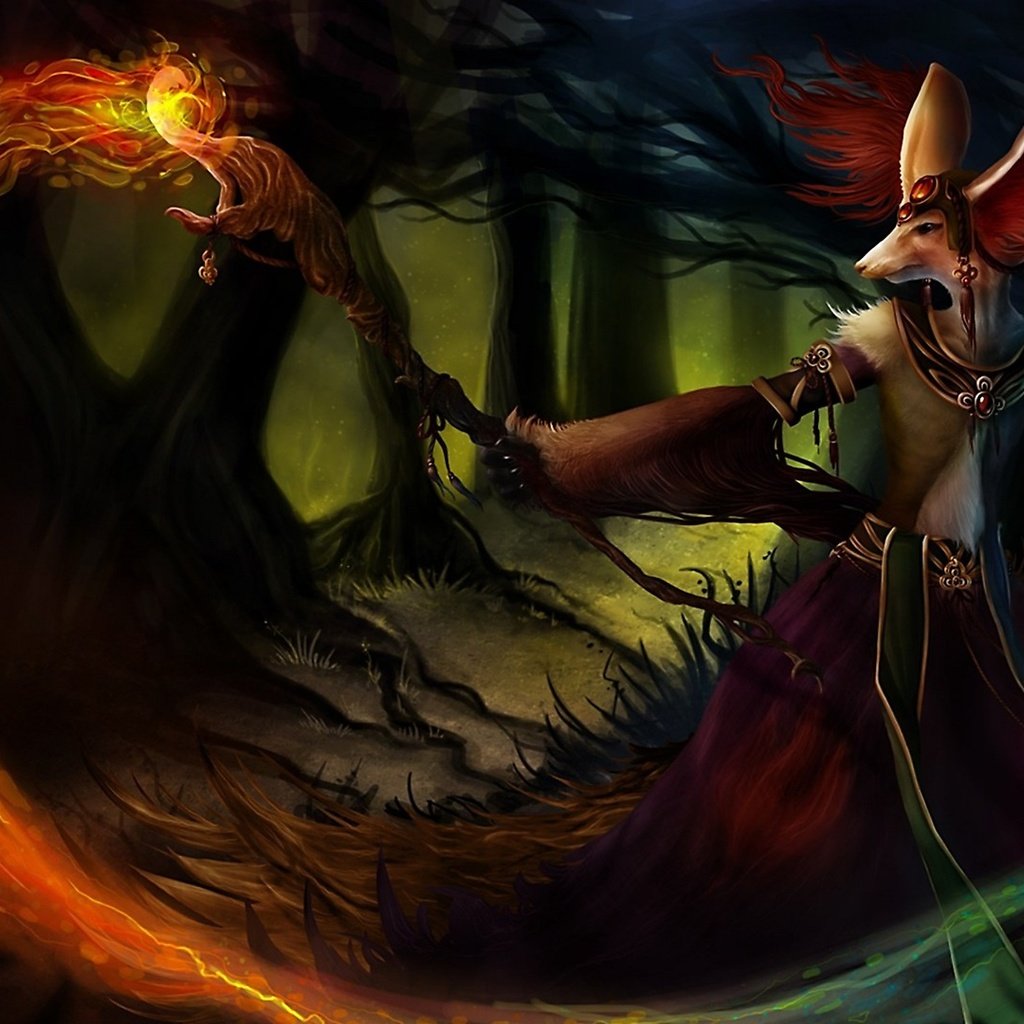 Обои маг с огненным посохом, a mage with a fire staff разрешение 2560x1440 Загрузить