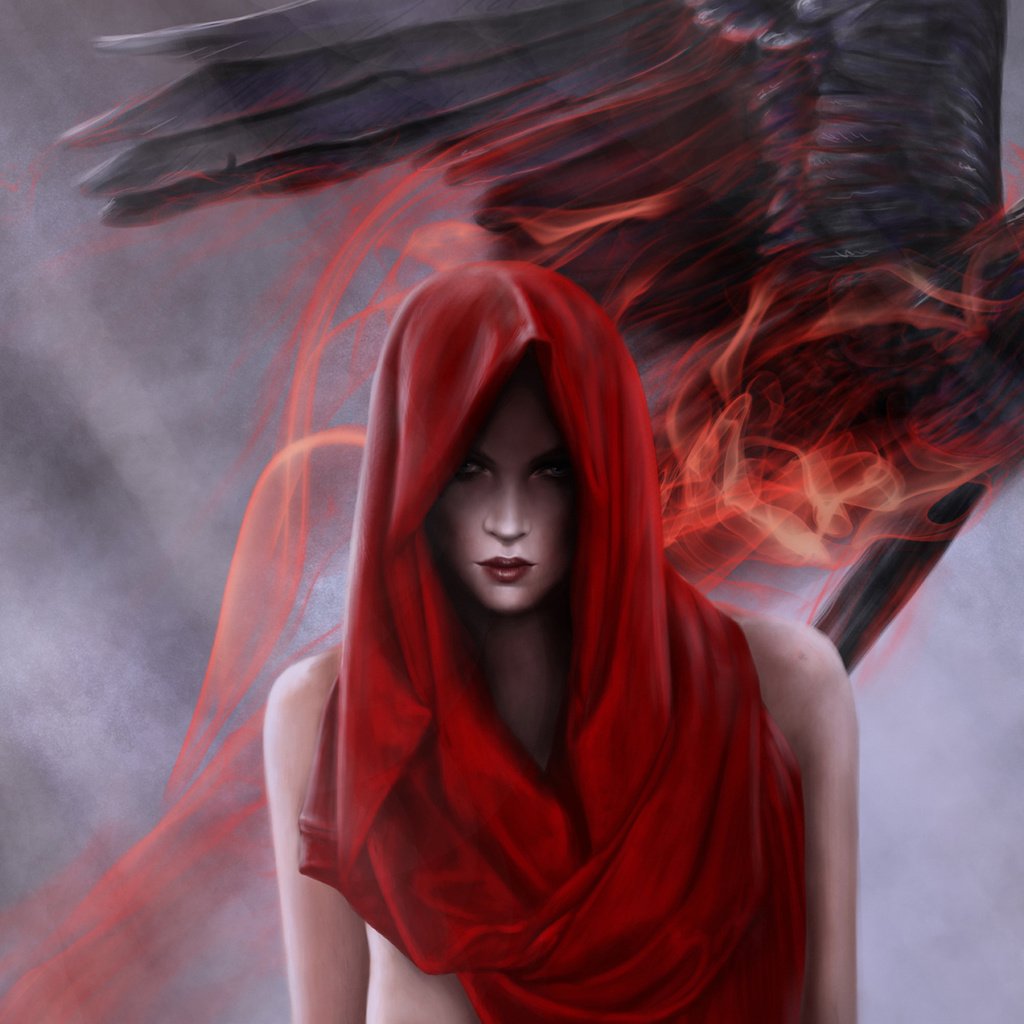 Обои арт, девушка, красный, птица, ворон, магия, капюшон, art, girl, red, bird, raven, magic, hood разрешение 1920x1200 Загрузить