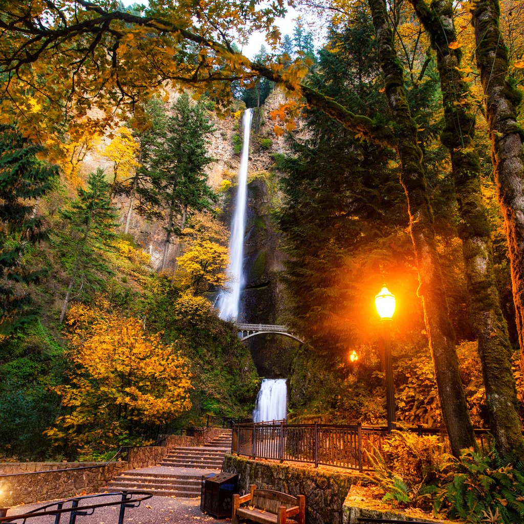 Обои пейзаж, парк, ущелье реки колумбия, штат орегон, multnomah falls, малтнома-фолс, водопад мультномах, landscape, park, the columbia river gorge, oregon разрешение 1920x1080 Загрузить