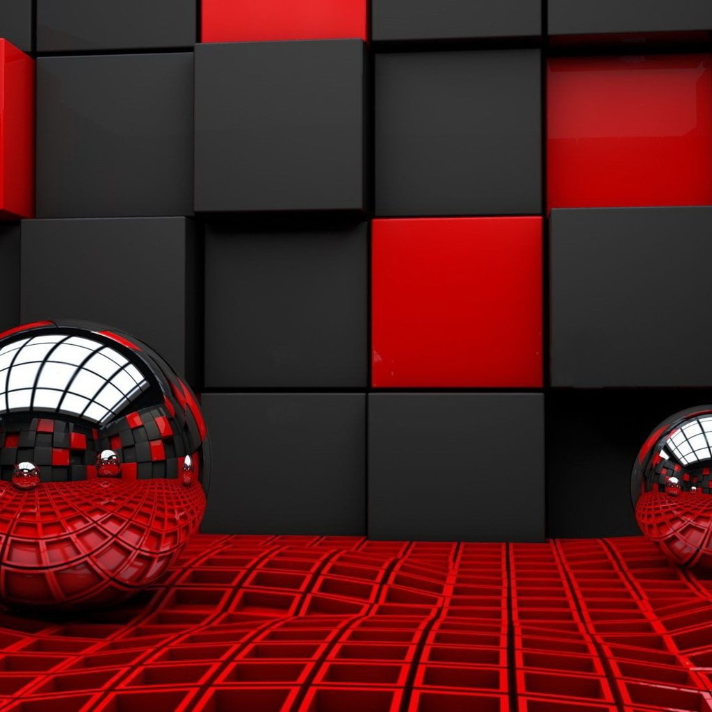 Обои шары, 3д, отражение, фон, черный, красный, кубики, ткань, клетка, balls, 3d, reflection, background, black, red, cubes, fabric, cell разрешение 1920x1080 Загрузить