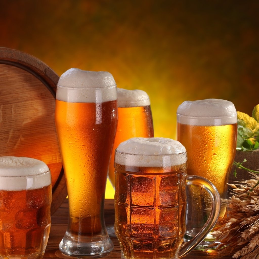 Обои стол, колосья, кружки, стаканы, пиво, хмель, бочонок, table, ears, mugs, glasses, beer, hops, barrel разрешение 2560x1440 Загрузить