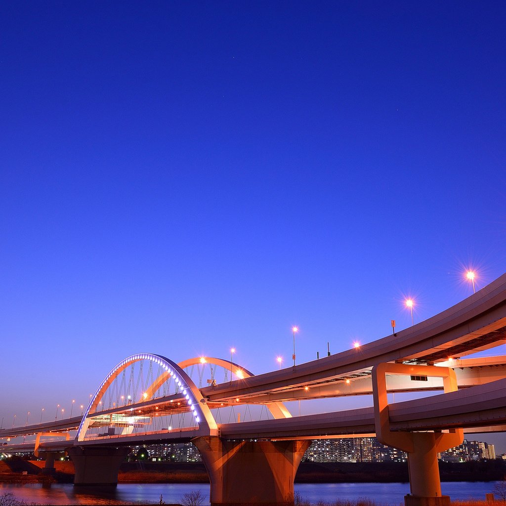 Обои ночь, фонари, огни, мост, япония, залив, синее, йокогама, night, lights, bridge, japan, bay, blue, yokohama разрешение 1920x1080 Загрузить