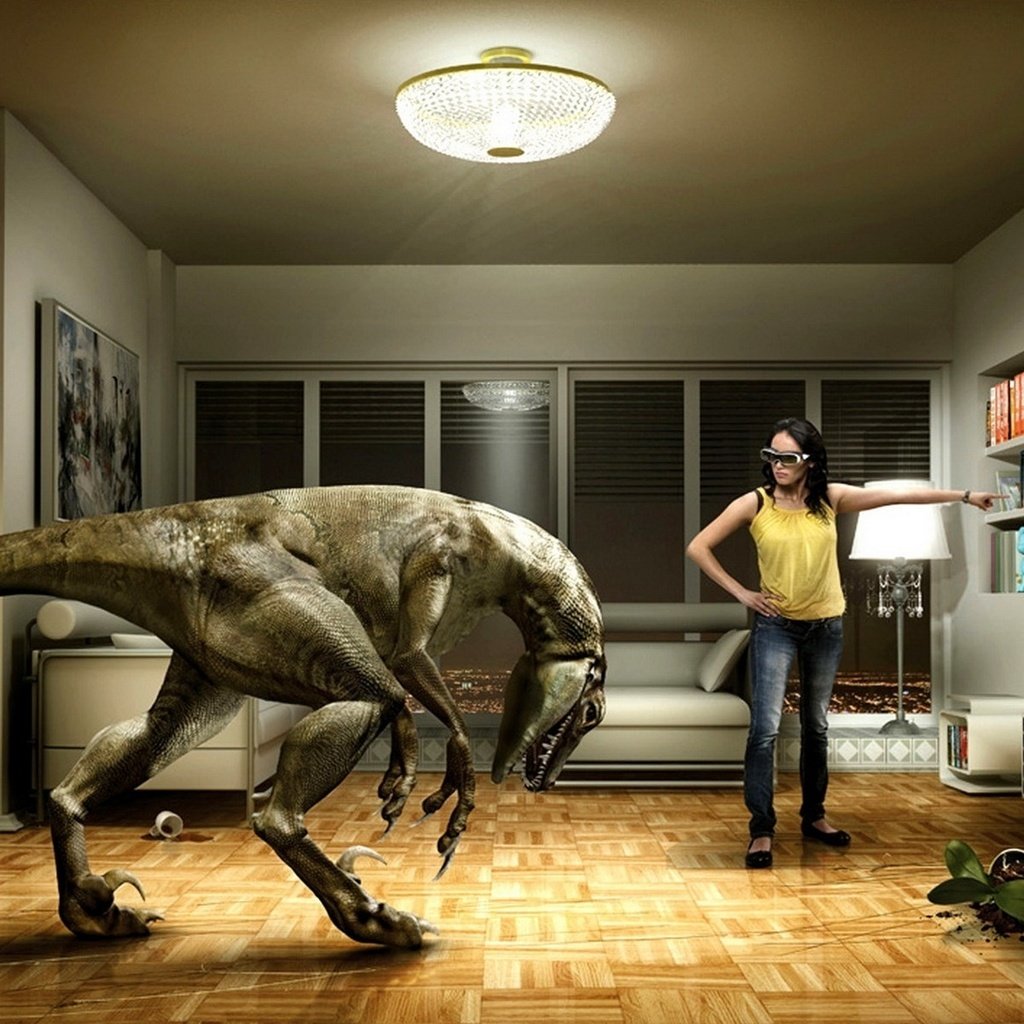 Обои девушка, телевизор, динозавр, юмор, girl, tv, dinosaur, humor разрешение 1920x1200 Загрузить