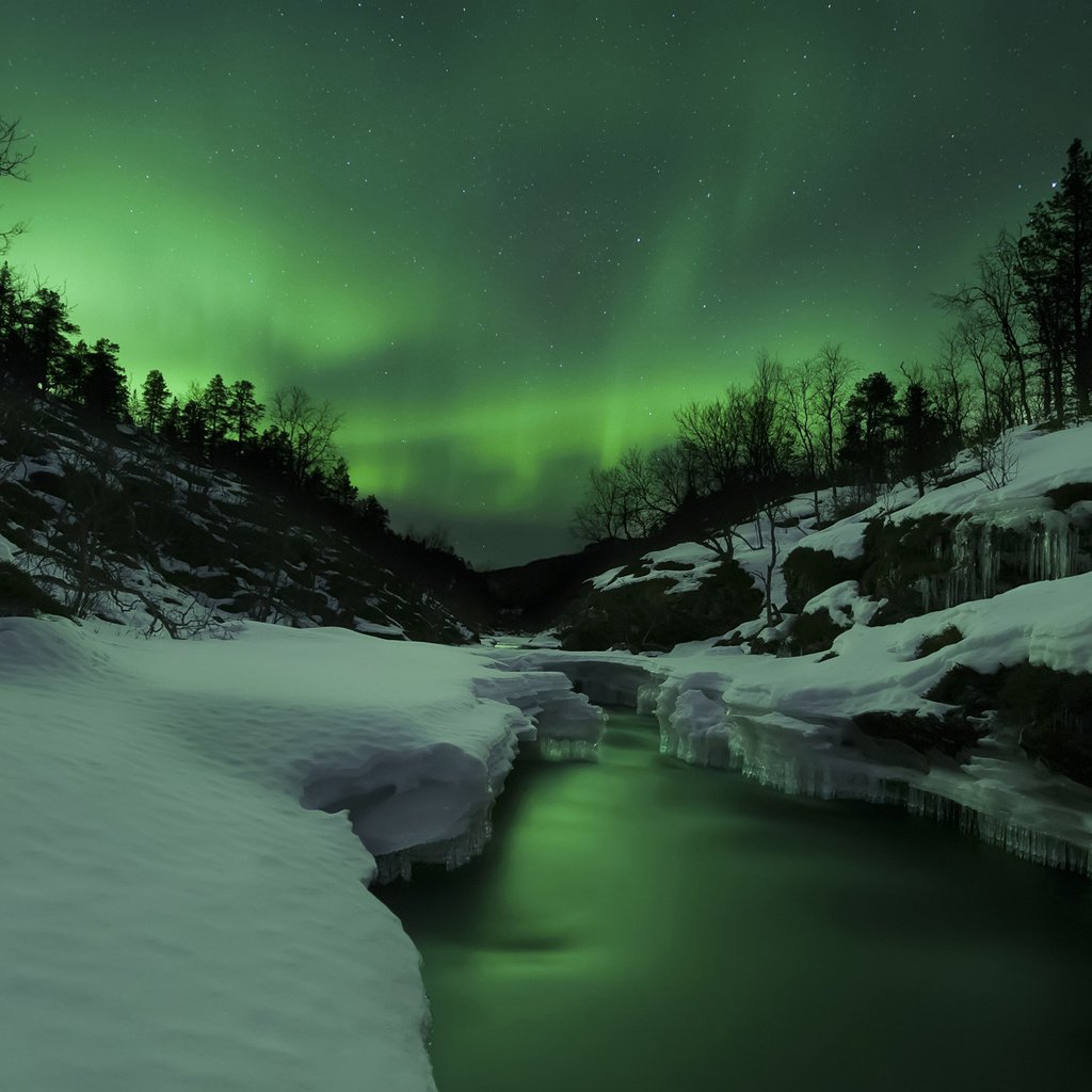 Обои полярное сияние над рекой тенневик (норвегия), polar lights over the river dannevik (norway) разрешение 1920x1200 Загрузить