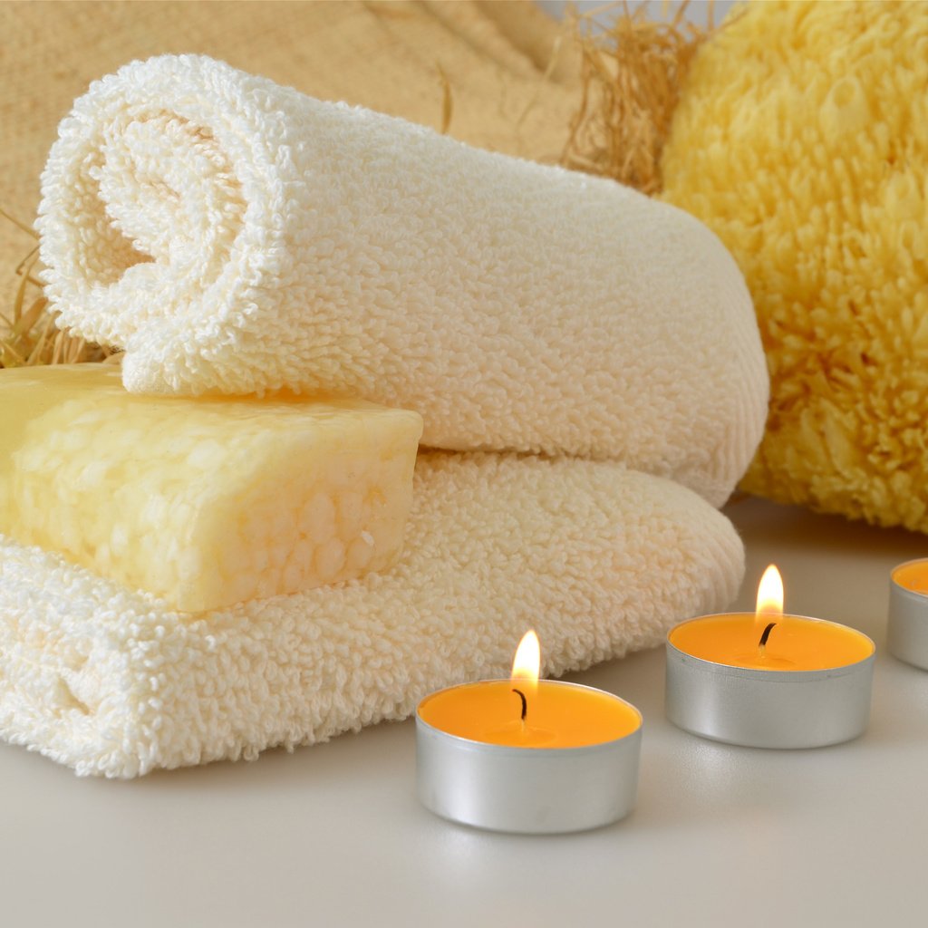 Обои свечи, полотенце, спа, мыло, гель для душа, мочалка, candles, towel, spa, soap, shower gel, washcloth разрешение 5466x3600 Загрузить