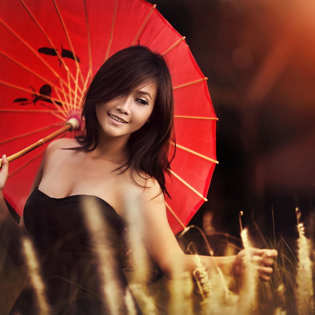 Обои девушка, улыбка, красный, модель, зонт, зонтик, азиатка, girl, smile, red, model, umbrella, asian разрешение 2048x1365 Загрузить