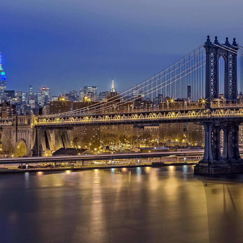 Обои ночь, мост, сша, нью-йорк, манхеттен, night, bridge, usa, new york, manhattan разрешение 2048x1365 Загрузить