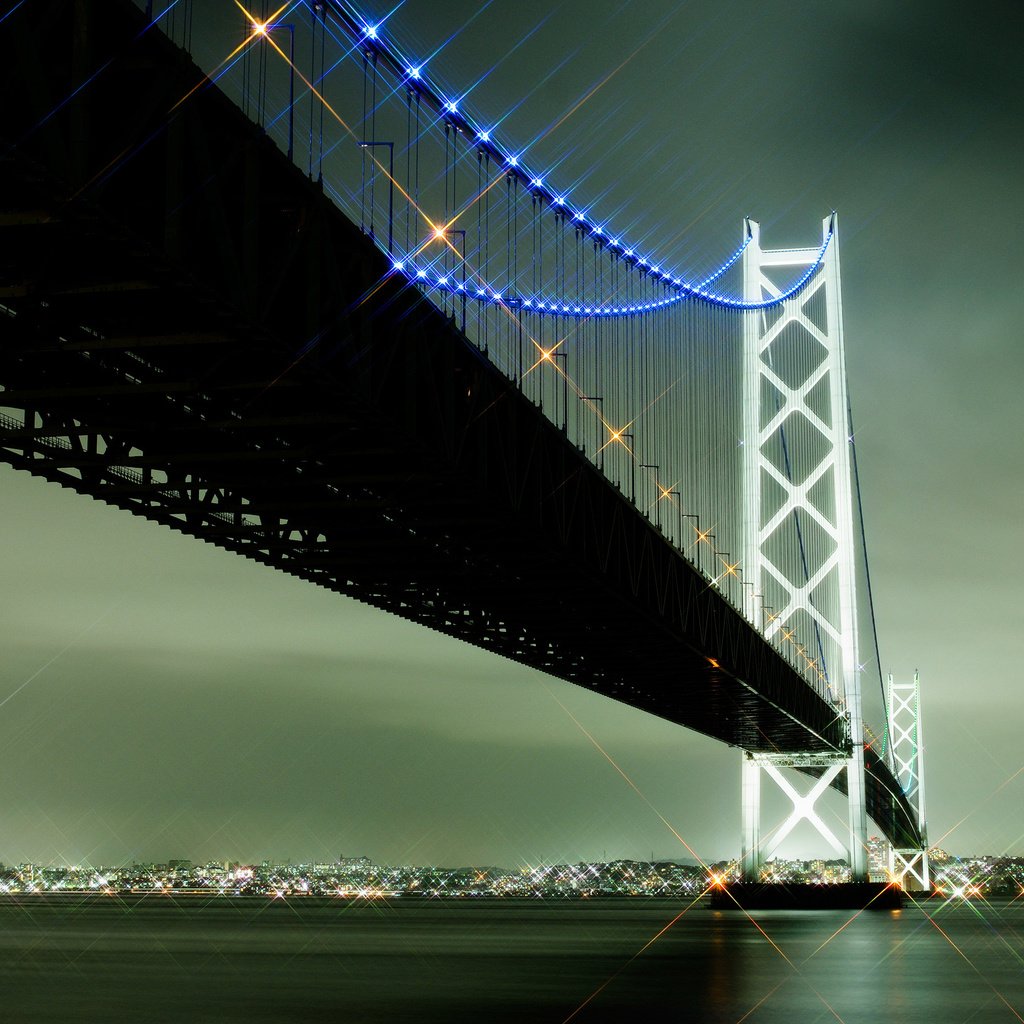 Обои огни, город, япония, акаси-кайке мост, lights, the city, japan, akashi-kaikyo bridge разрешение 2464x1632 Загрузить