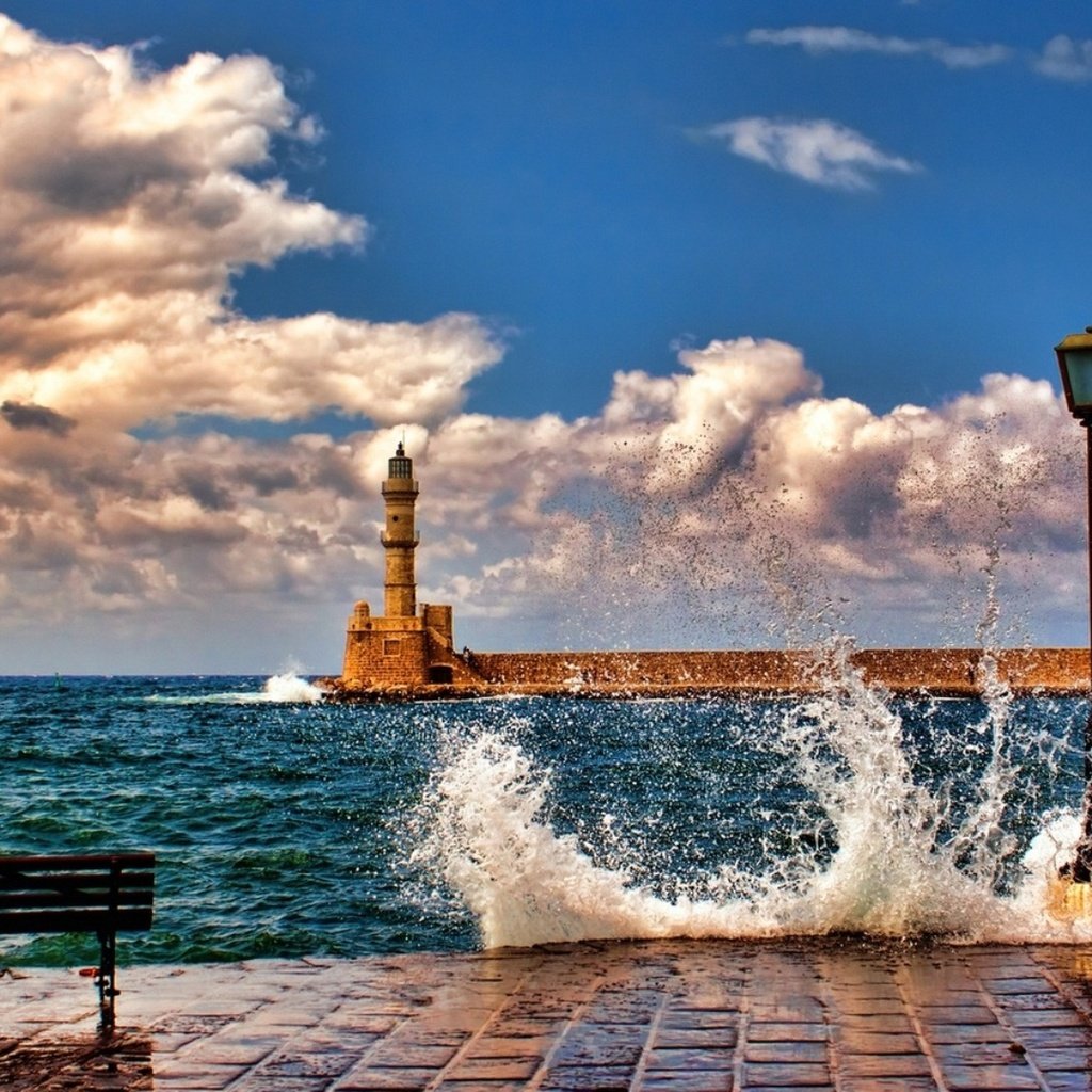 Обои море, маяк, брызги, скамейка, порт, sea, lighthouse, squirt, bench, port разрешение 1920x1080 Загрузить