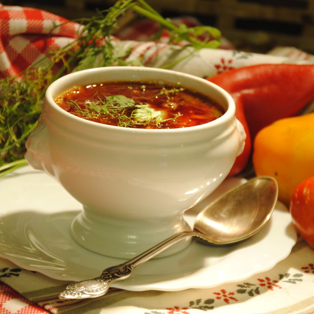 Обои ложка, перец, томаты, борщ, суп, spoon, pepper, tomatoes, soup разрешение 3872x2592 Загрузить