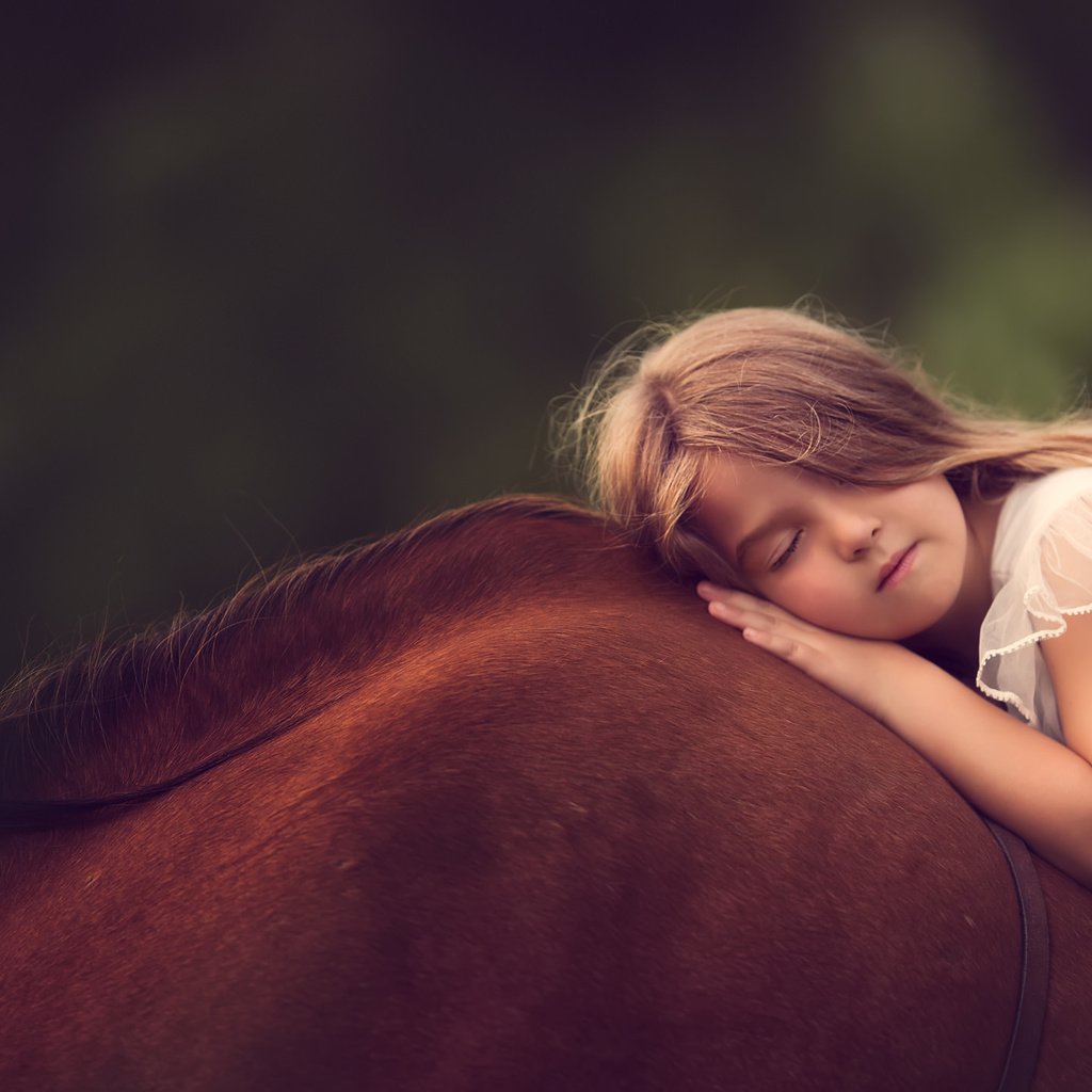 Обои лошадь, сон, дети, девочка, отдых, ребенок, конь, закрытые глаза, horse, sleep, children, girl, stay, child, closed eyes разрешение 2048x1437 Загрузить